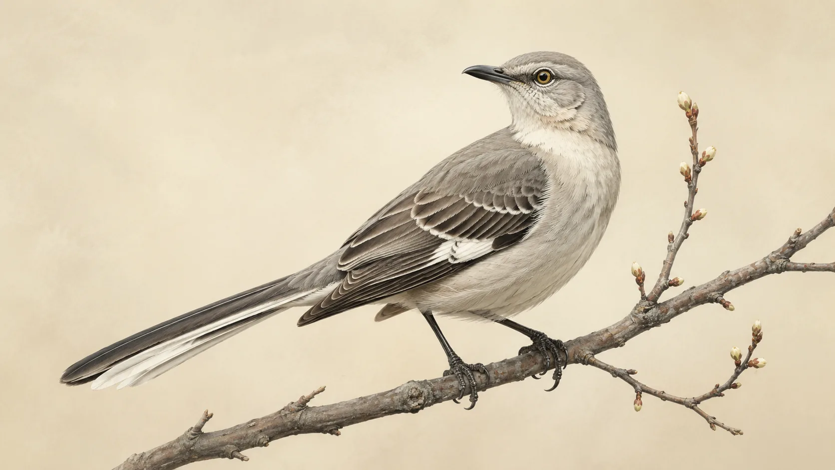 Northern Mockingbird perched on a bare branch in early spring, in the Audubon style