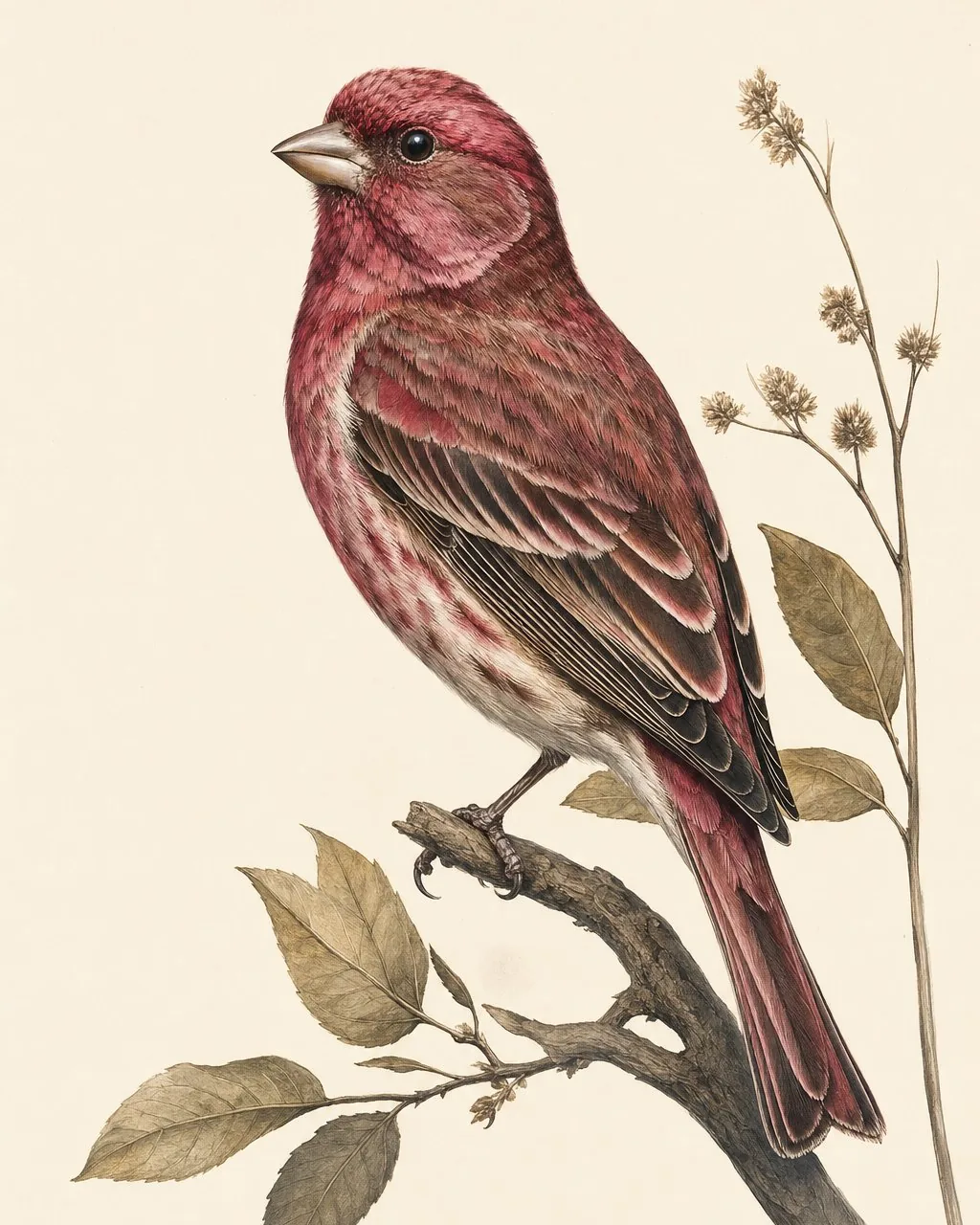 Male Purple Finch perched on a conifer branch, raspberry-red plumage against winter snow, in the Audubon style