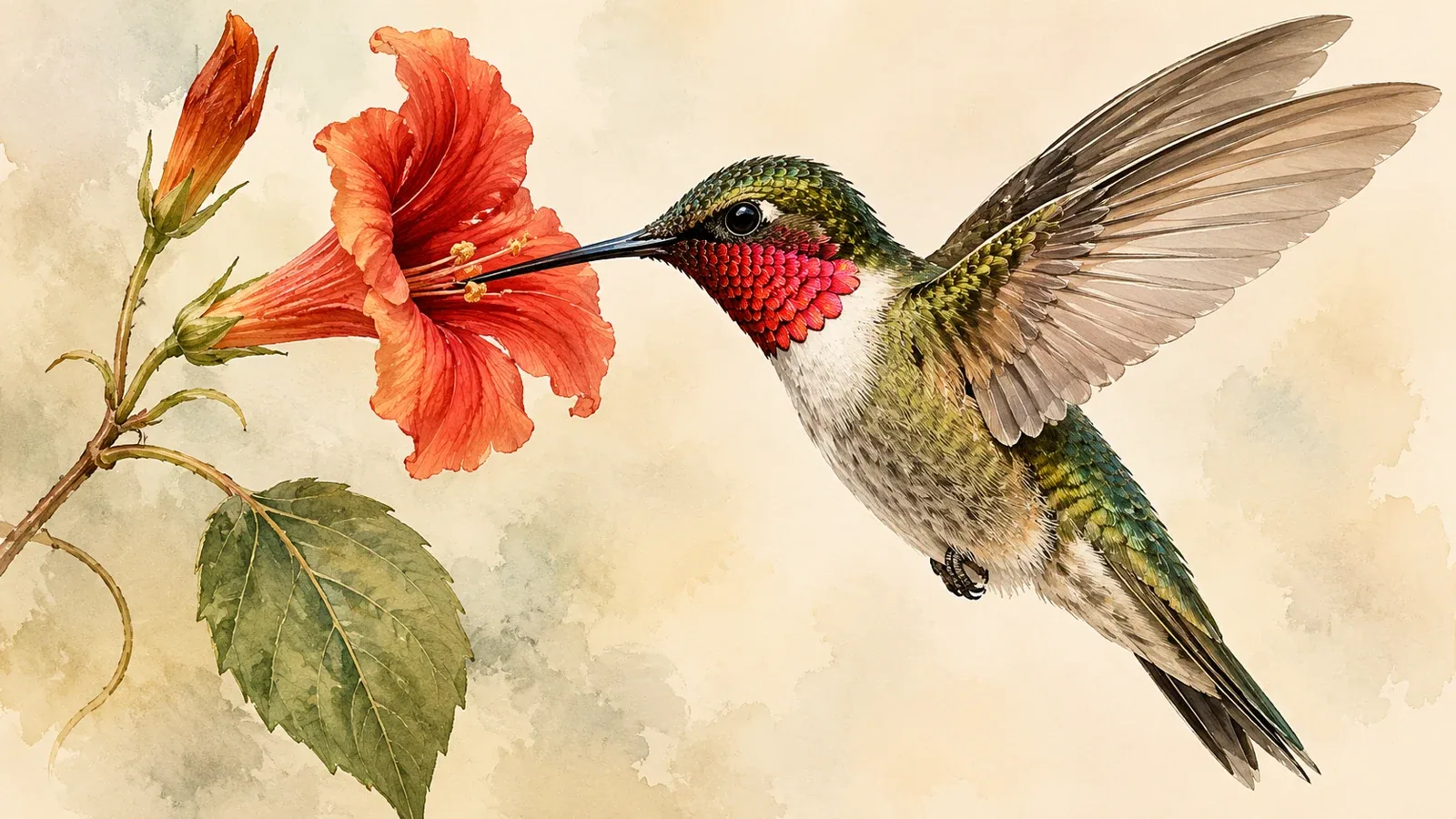 Male Ruby-throated Hummingbird hovering at a trumpet creeper bloom, gorget catching the light, in the Audubon style