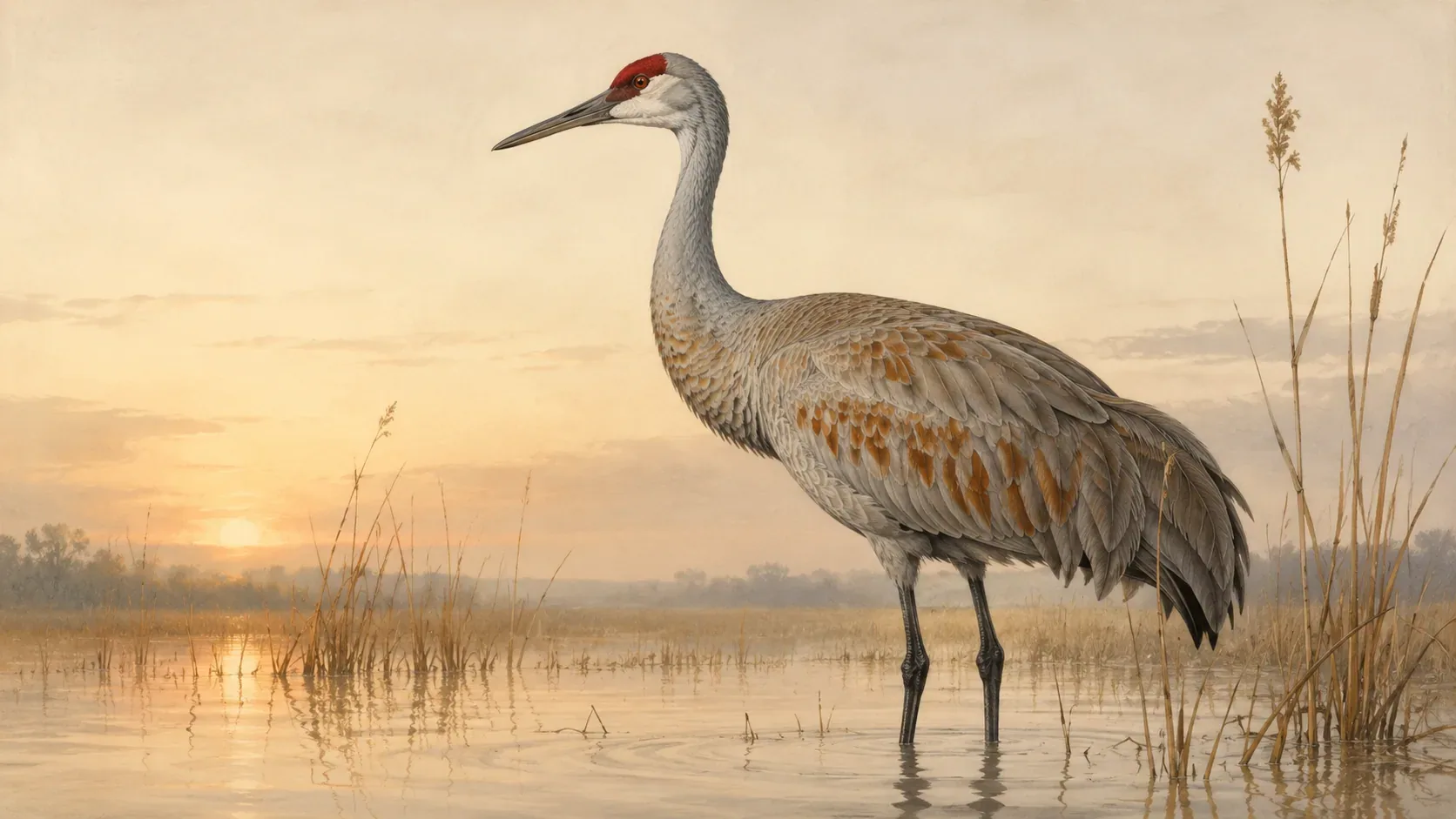 Sandhill Crane standing in a shallow marsh at dawn, in the Audubon style