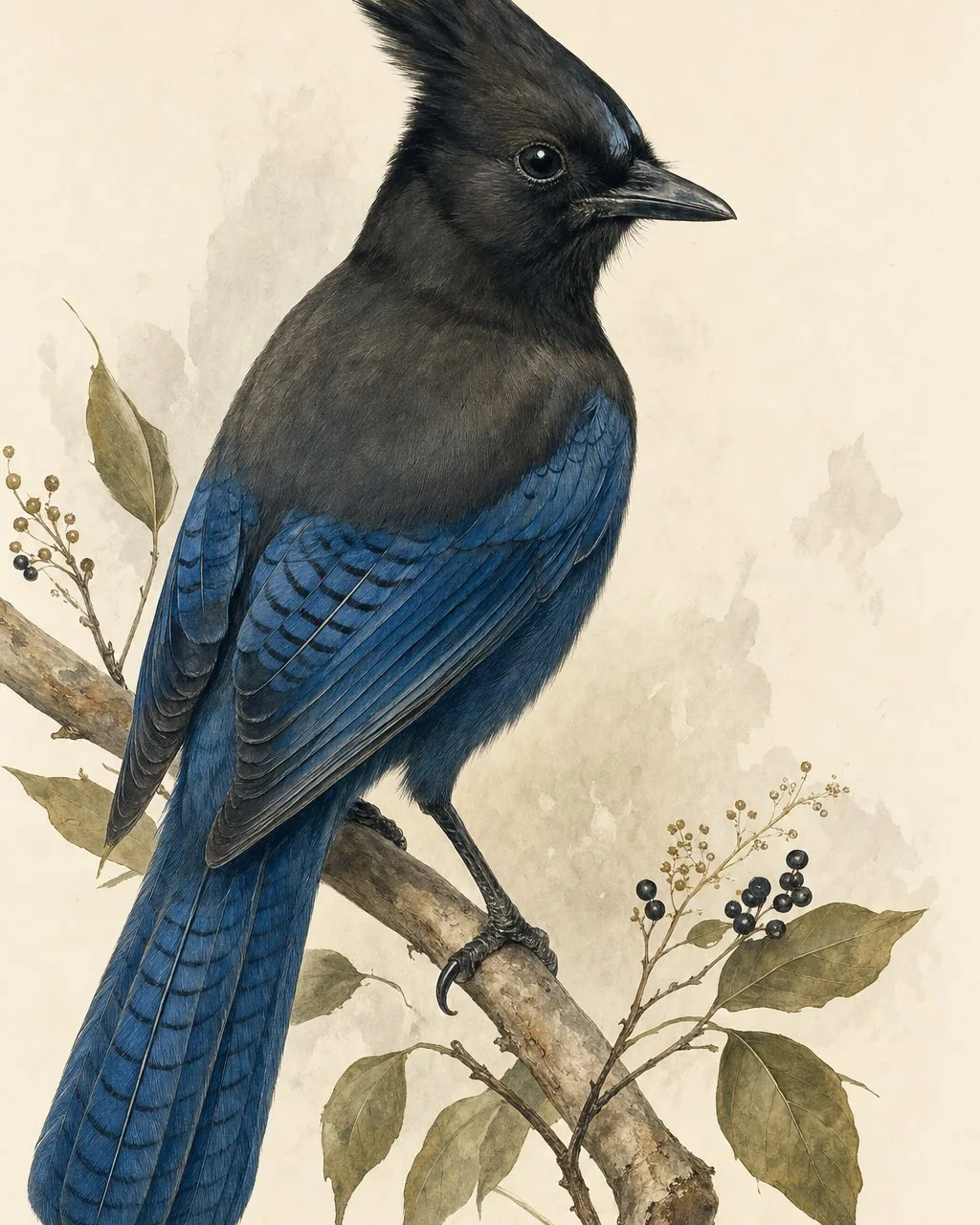 Steller's Jay perched on a pine branch, dark crest raised, in the Audubon style