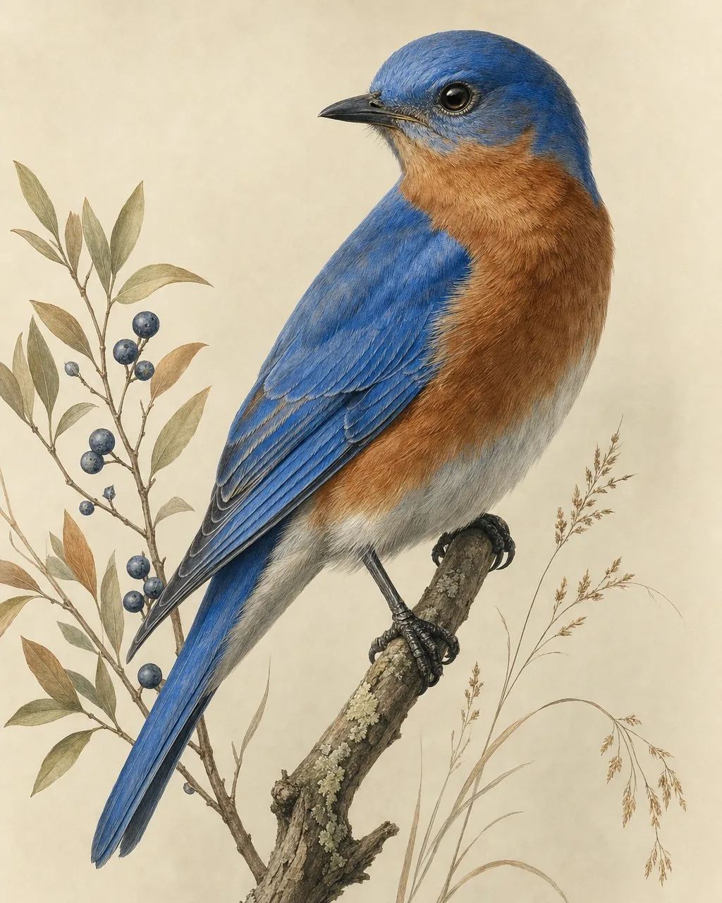 Male Western Bluebird perched on a fence post in a California oak savanna, in the Audubon style