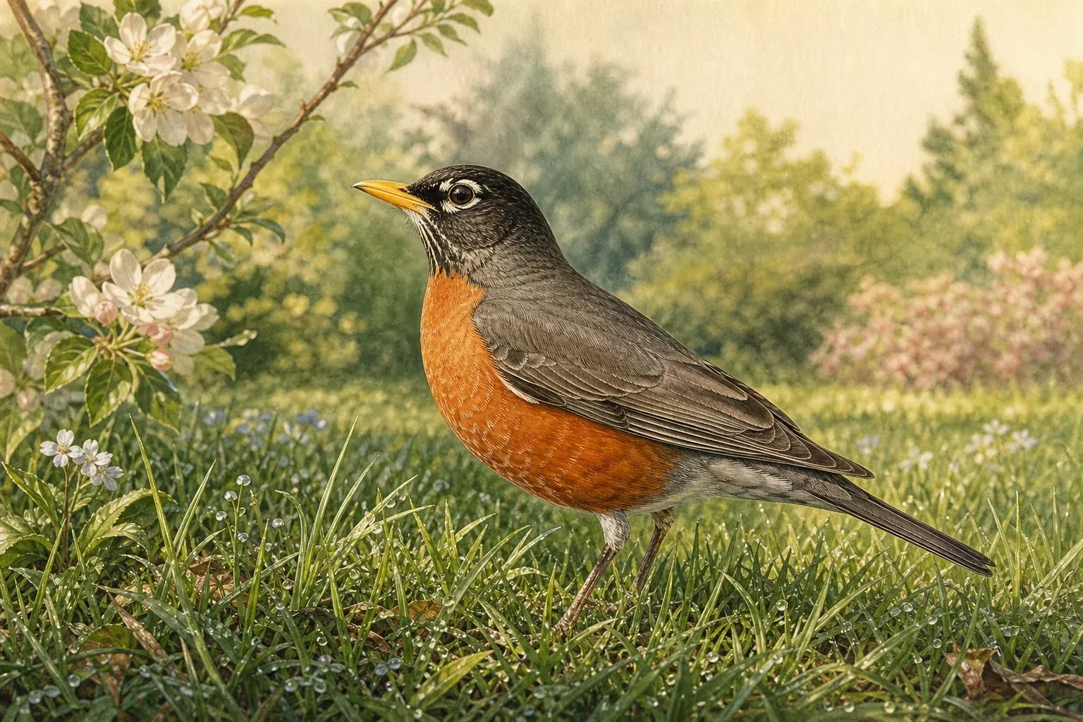 An American robin standing on damp spring grass, head tilted sharply to one side, its deep orange-red breast vivid against the dark green lawn, a pale white eye-ring visible, one foot raised mid-step as it hunts for earthworms in early morning light