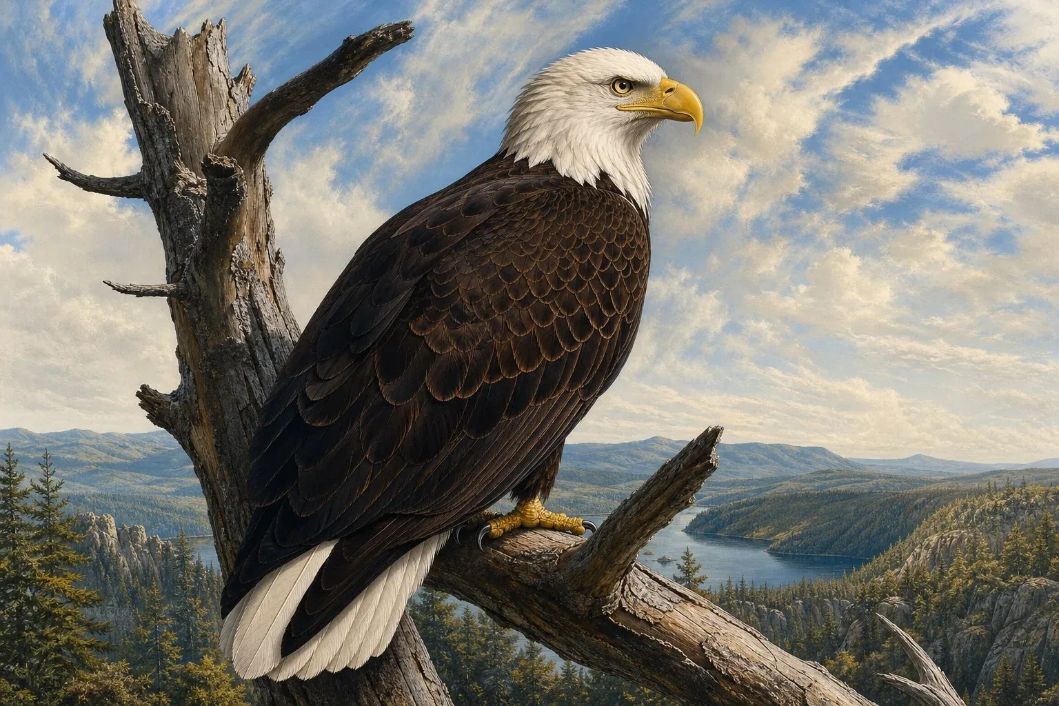 A mature bald eagle perched on a weathered spruce branch at the edge of a river, white head feathers catching low winter light, yellow beak slightly open, dark brown body feathers ruffled at the breast, background of grey water and distant treeline out of focus