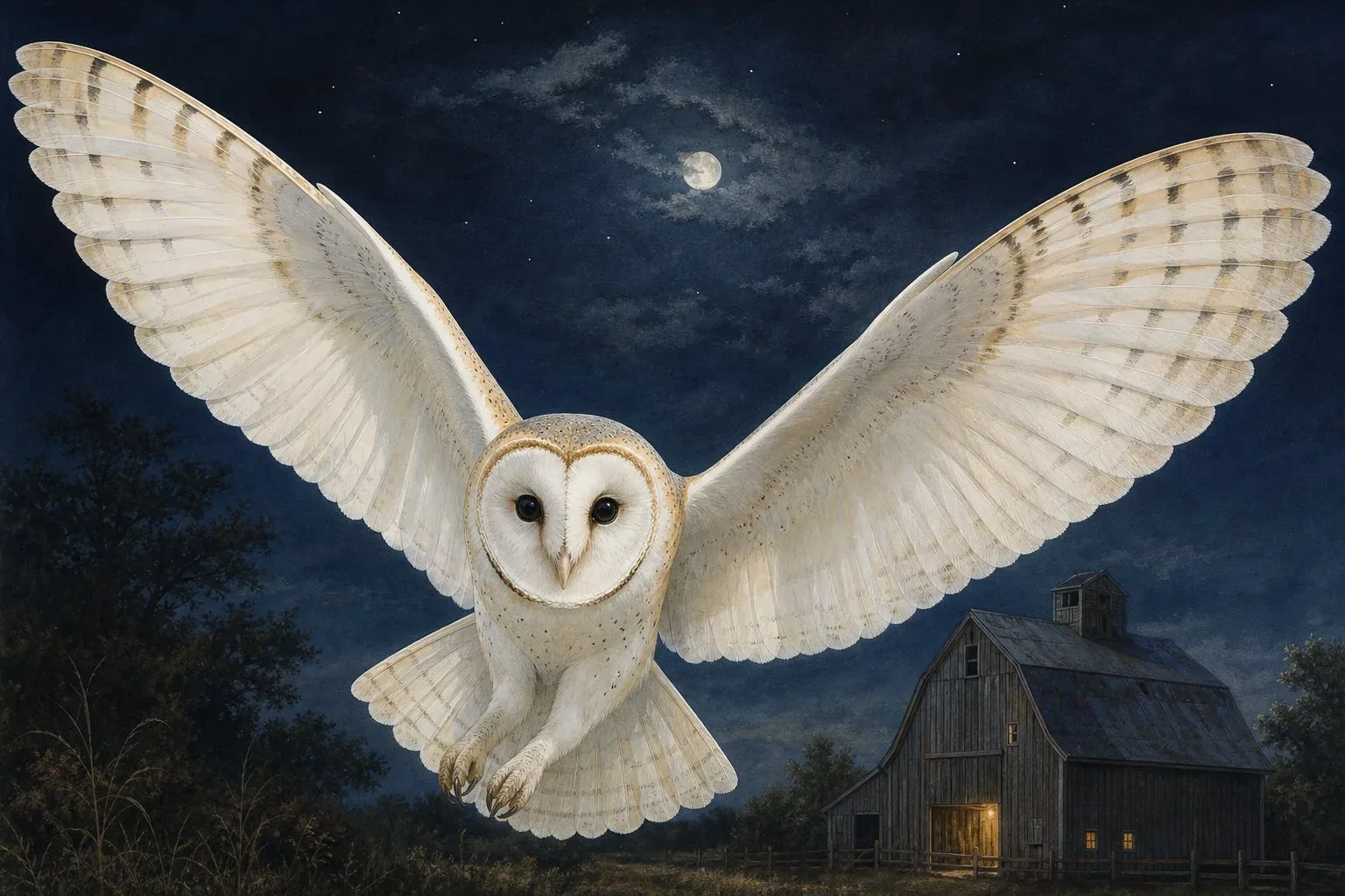 Barn owl (Tyto alba) perched on a weathered wooden beam inside a dark barn, facing forward, its white heart-shaped facial disc glowing against the shadow, pale golden-buff wings folded, small dark eyes fixed on the viewer