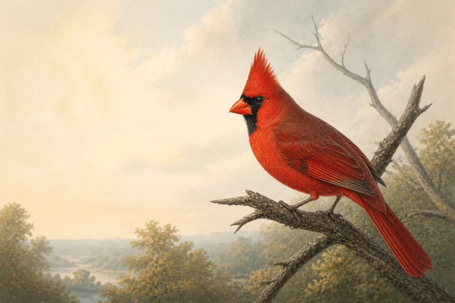 Male Northern Cardinal on a snow-touched dogwood branch at dawn, in the Audubon style