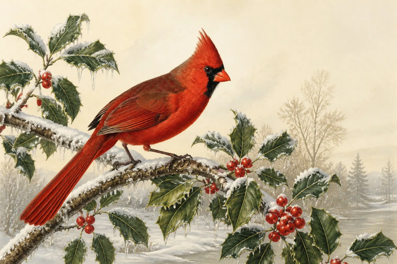 Male Northern Cardinal on a snow-touched holly branch with red berries