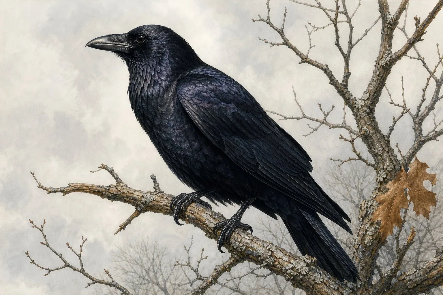 A large American crow perched on a lichen-covered stone wall, facing three-quarters toward the viewer, wings folded, its black feathers showing purple-blue iridescence in afternoon light. Background is a soft blur of grey-green Irish countryside. The crow's eye is sharp, alert, and intelligent - catching the light. No props, no staging. The bird is simply watching.