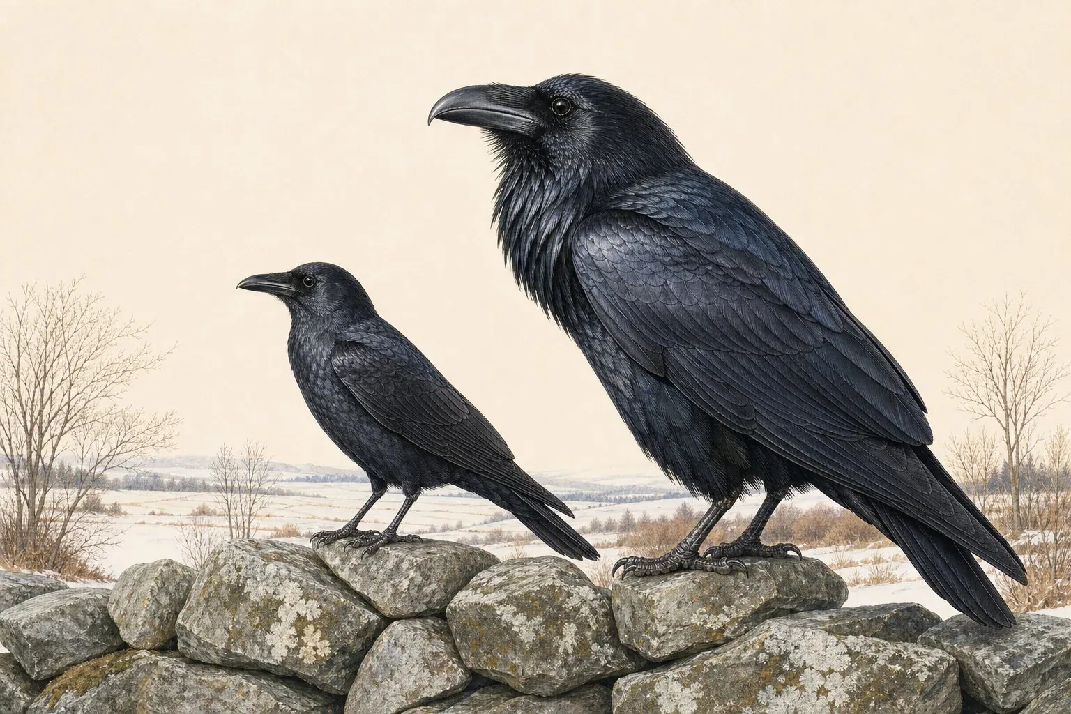 A common raven and an American crow perched side by side on a weathered wooden fence post, showing the dramatic size difference - the raven is hawk-large with a deep curved bill, shaggy throat hackles, and a wedge-shaped tail, while the crow is pigeon-sized with a slim straight bill and rounded tail fan. Both birds face the viewer. Grey overcast light. Close crop, no background clutter.