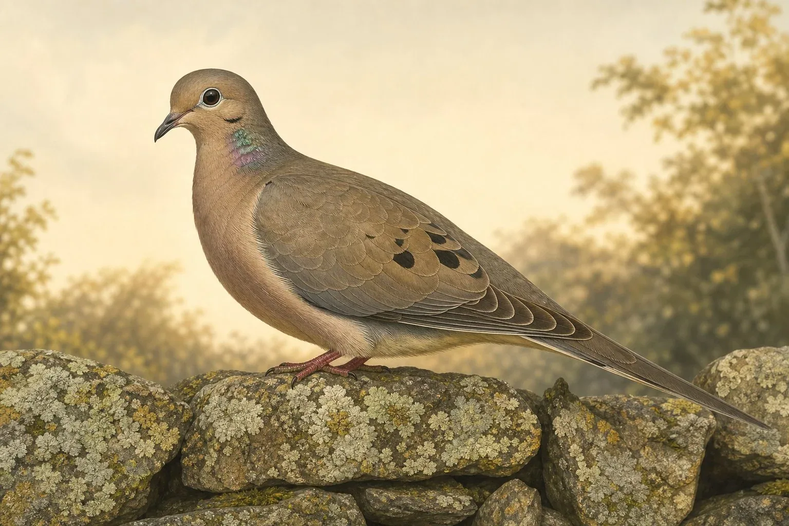 A mourning dove perched on a bare branch in soft morning light, its buff-brown plumage showing the iridescent neck patch, long tapered tail extended, beak slightly open as if mid-call, shallow depth of field with a pale sky background