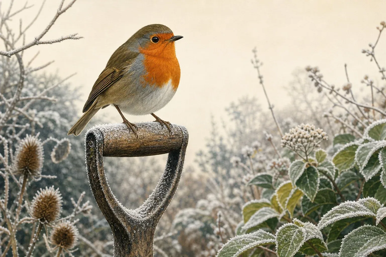 A European robin perched on the handle of a garden spade thrust into dark soil, its orange-red breast vivid against a grey winter sky, frost on the ground, a stone wall behind it, photographed close and sharp with shallow depth of field