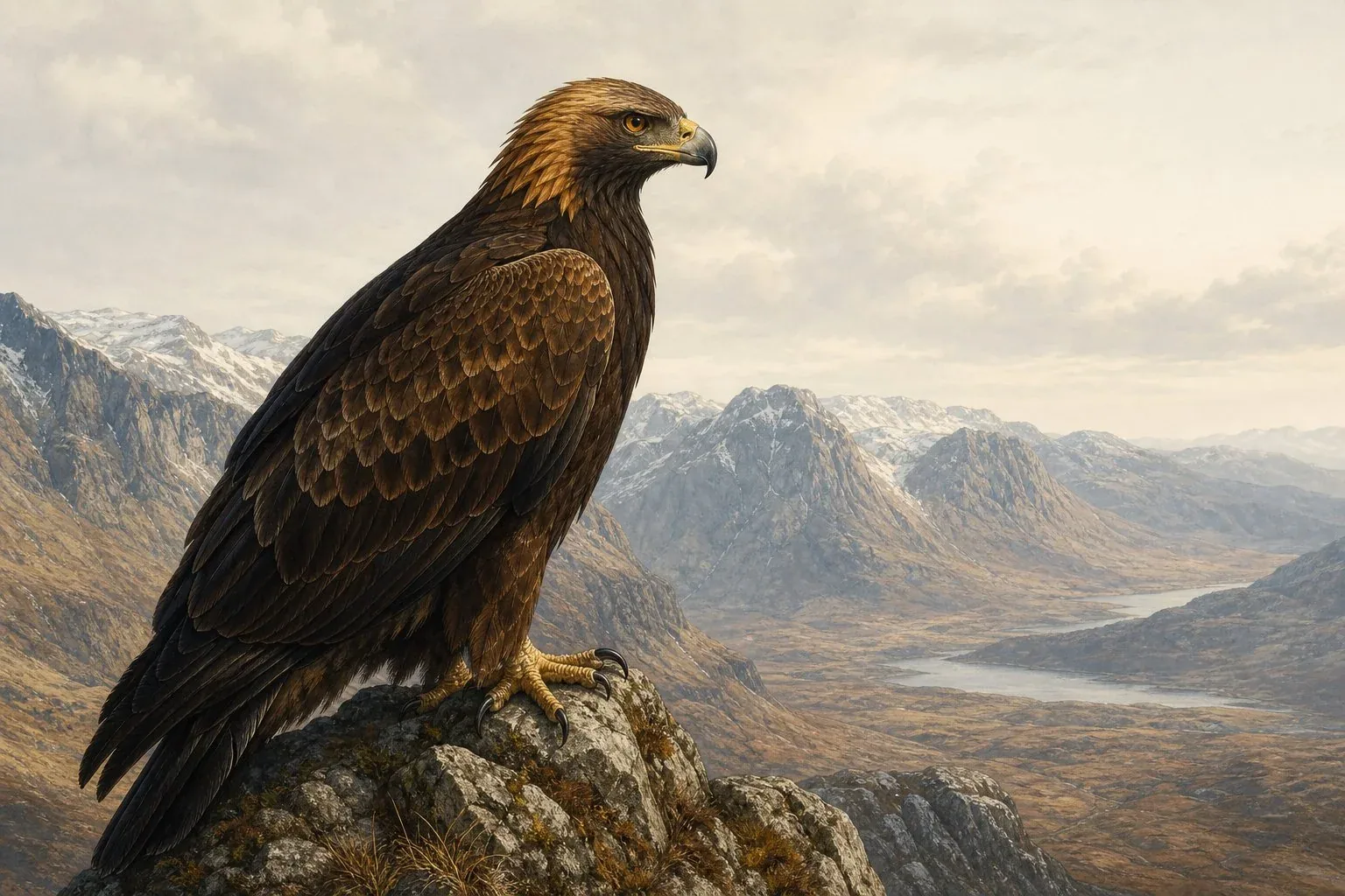 A golden eagle (Aquila chrysaetos) in full soaring flight against a pale grey sky, wings outstretched to their full 2.2 metre span, the warm gold-brown plumage of the nape catching the light, seen from slightly below as if from a Highland ridge, the bird filling the upper third of the frame with absolute stillness and scale