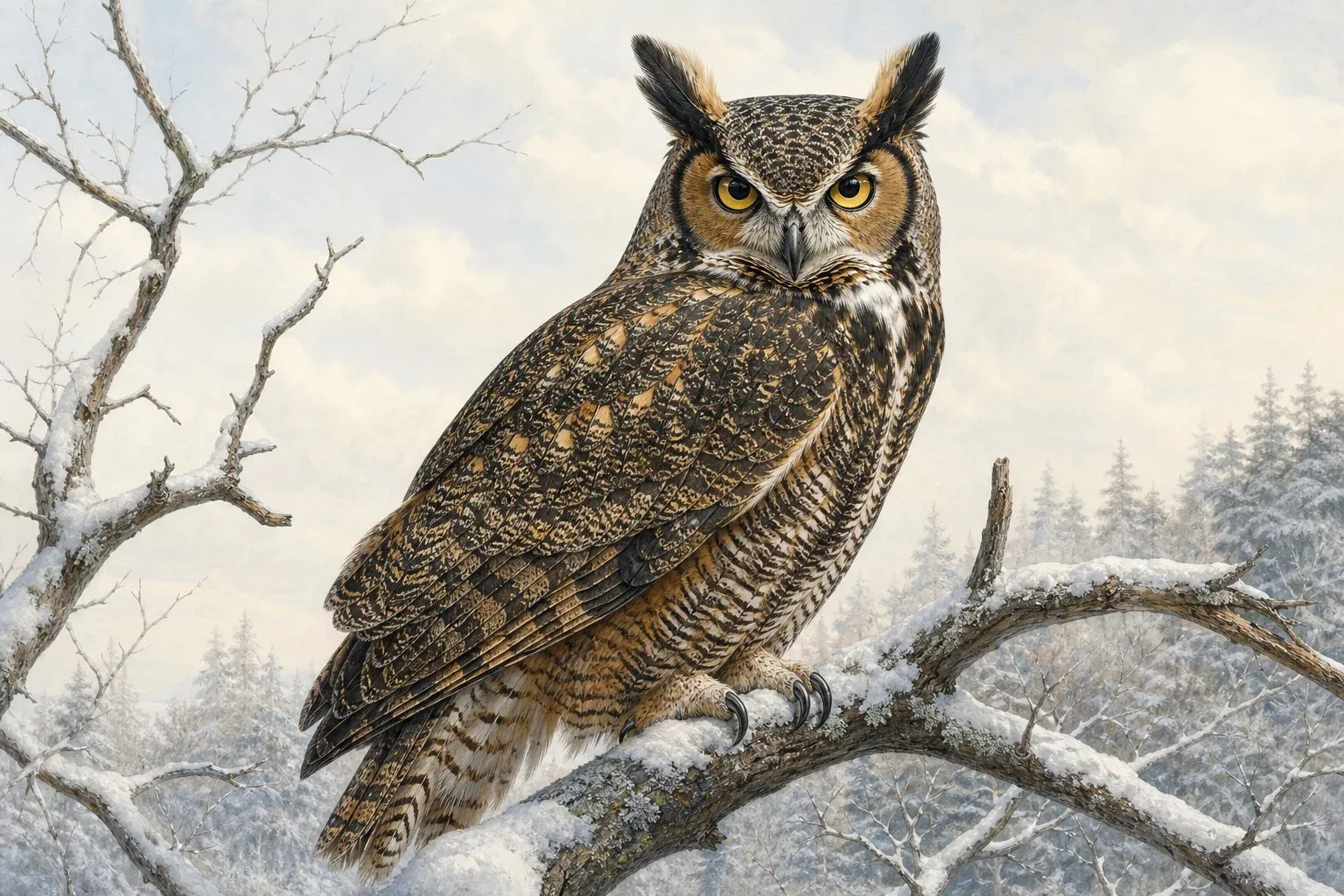 Great horned owl perched on a snow-dusted branch in winter, facing directly forward with large amber eyes fixed on the camera, prominent feather tufts raised, facial disc feathers slightly flared, dark brown and tawny barred plumage visible against a pale grey winter sky