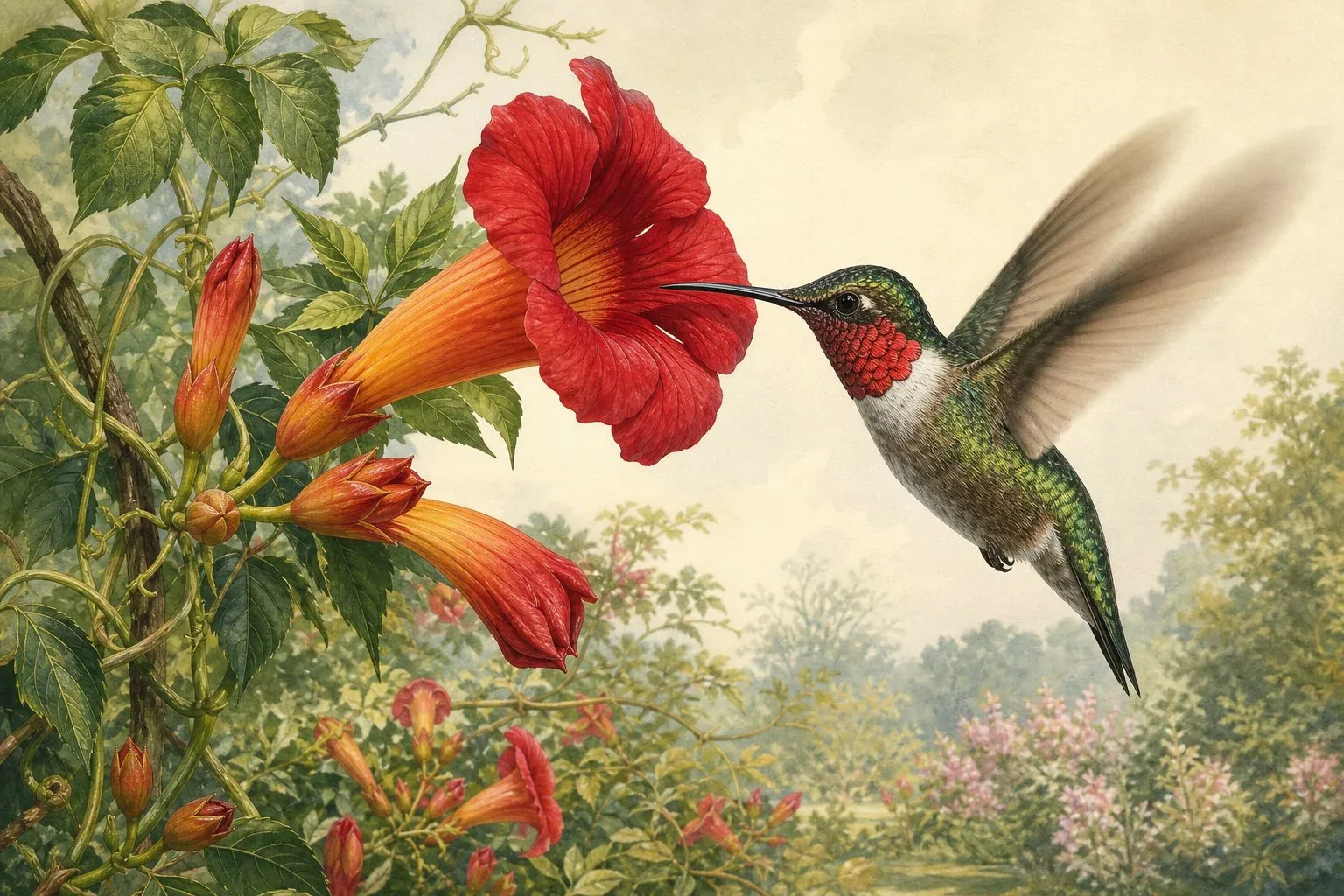 A male ruby-throated hummingbird hovering in front of a red flower, its iridescent gorget blazing scarlet from one angle, the wings a motion blur of translucent feathers, shot against deep forest shadow