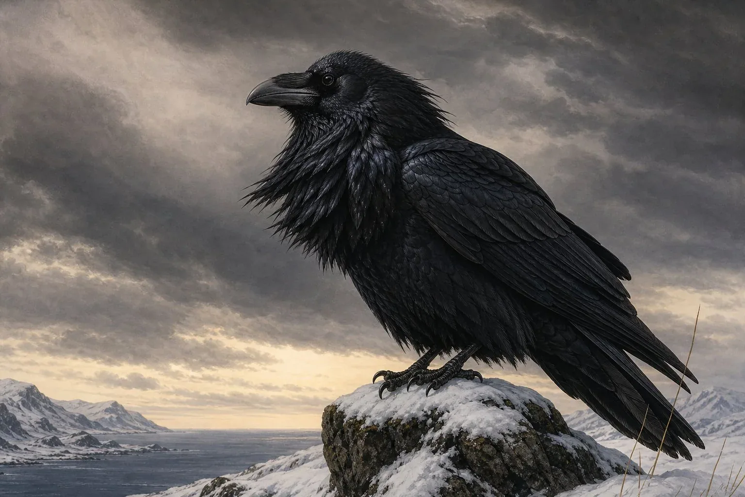 A large common raven perched on a weathered stone wall, its glossy black plumage catching the light with a faint blue-purple iridescence, dark intelligent eyes turned toward the camera, wings folded tight against its body, beak slightly open to reveal its thick tongue, a second raven visible out of focus in the background
