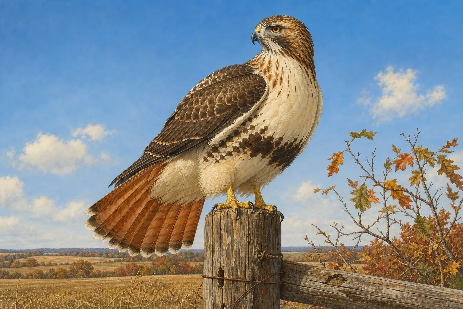 An adult red-tailed hawk perched on a weathered wooden fence post along a sunlit highway, facing three-quarters away from the viewer so the brick-red tail is clearly visible, wings folded tight, pale streaked belly and fierce amber eye in sharp focus, dry grassland stretching to the horizon behind it, golden-hour light