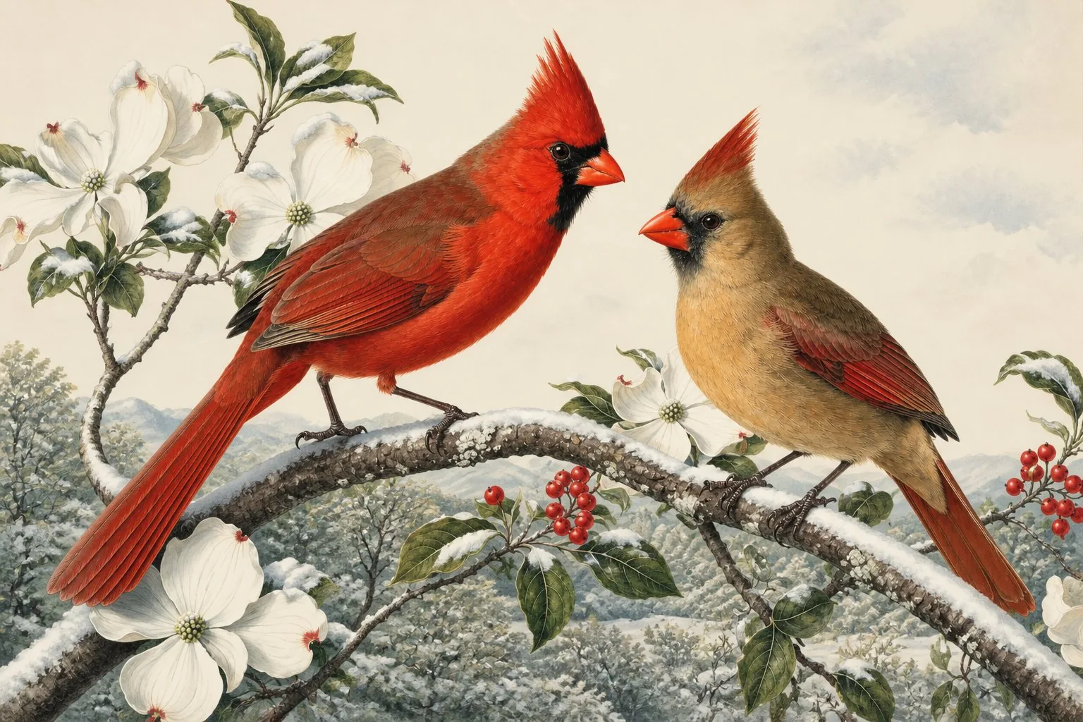 Male and female Northern Cardinal perched together on a snow-touched dogwood branch