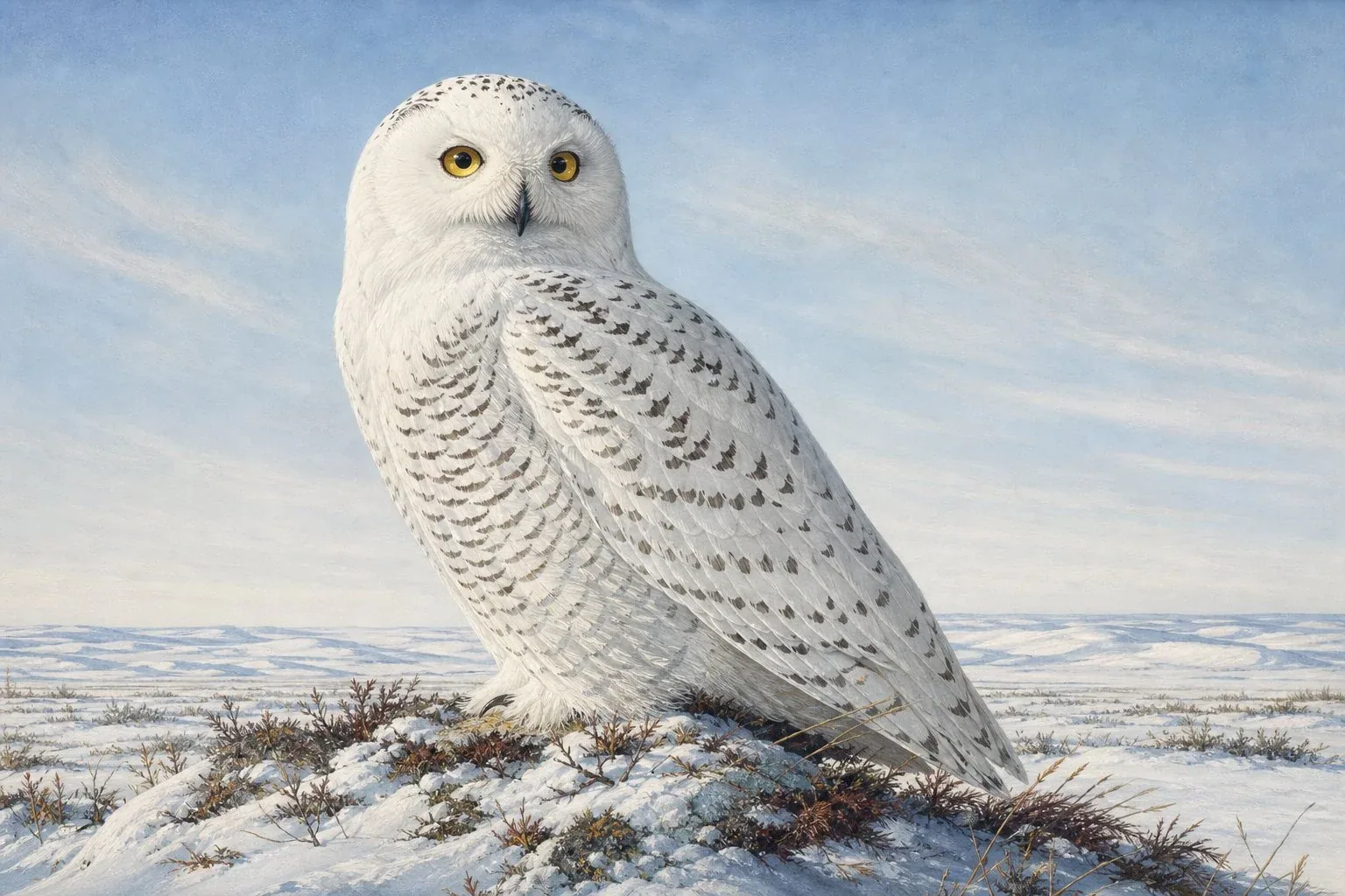 Snowy owl, adult male, nearly pure white plumage with faint dark barring on the wingtips, perched on a snow-crusted fence post against a pale grey winter sky, yellow eyes facing forward, feathered feet visible against the wood