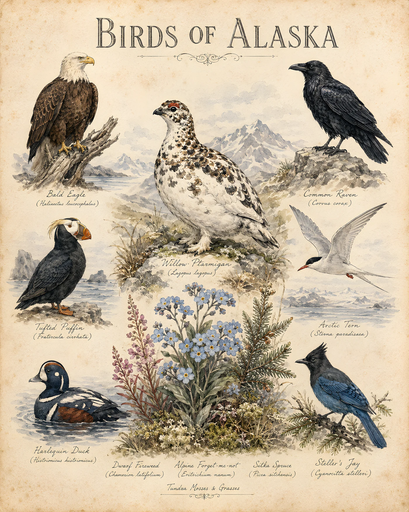 Audubon-style composite plate of the signature birds of Alaska