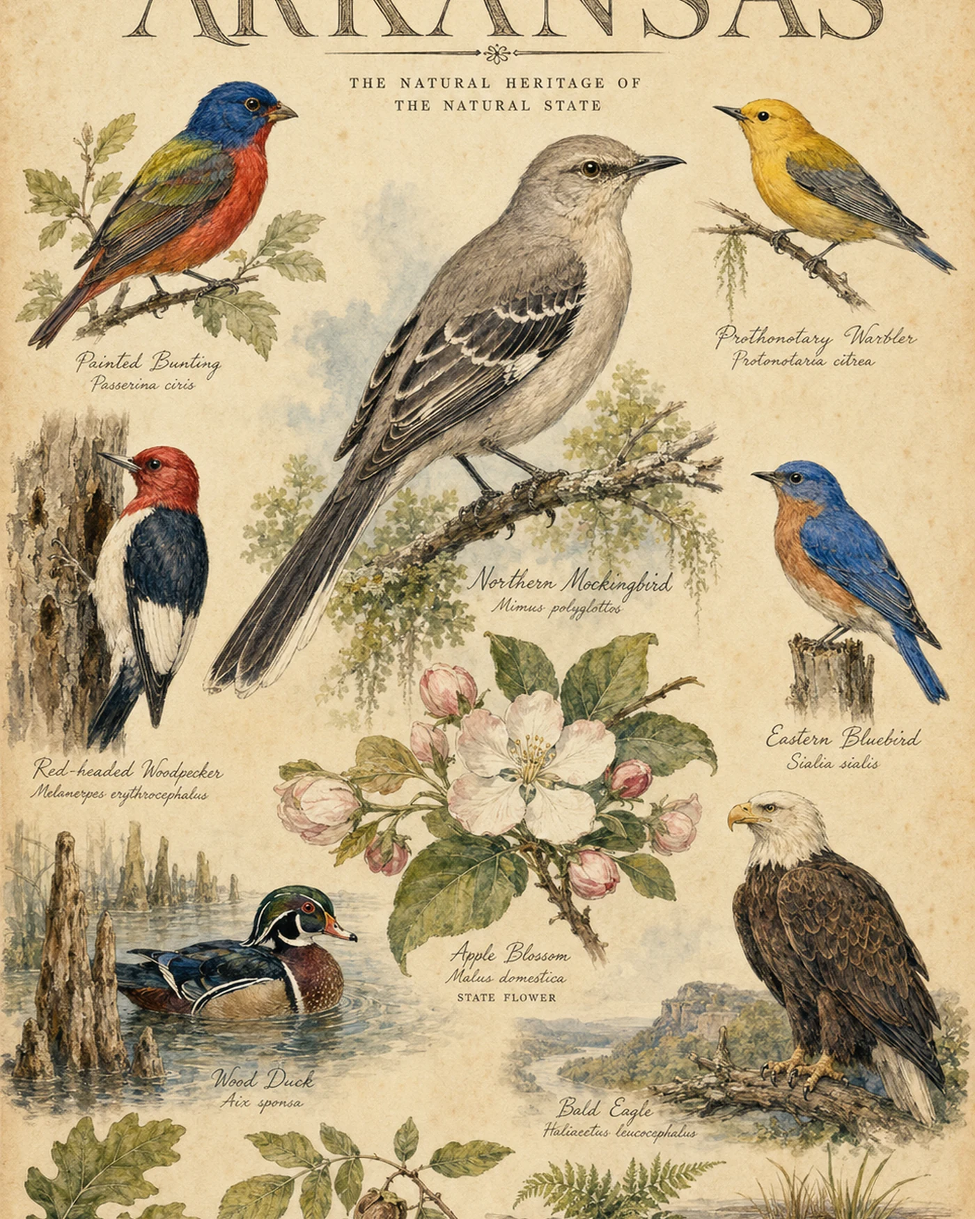 Audubon-style composite plate of the signature birds of Arkansas