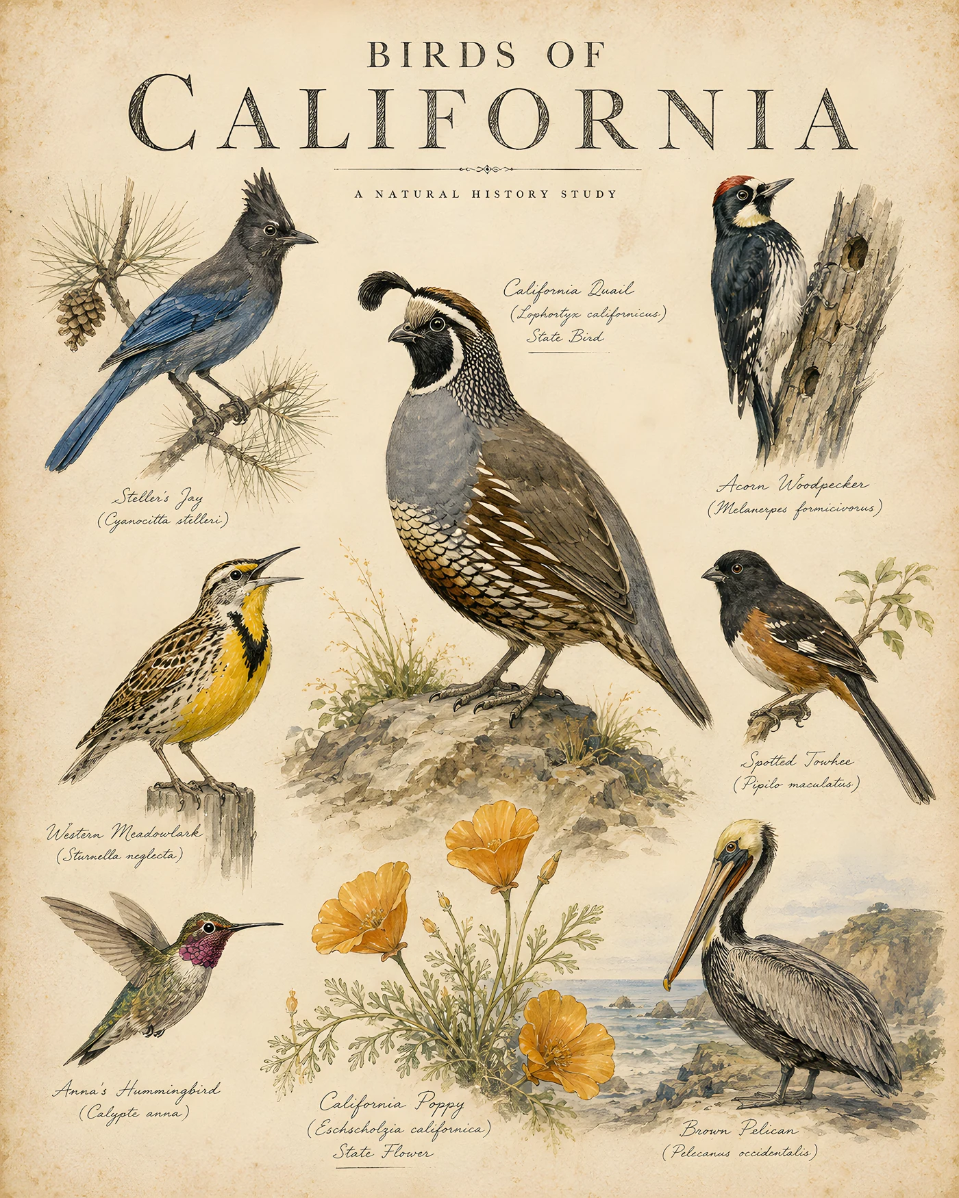 Audubon-style composite plate of the signature birds of California