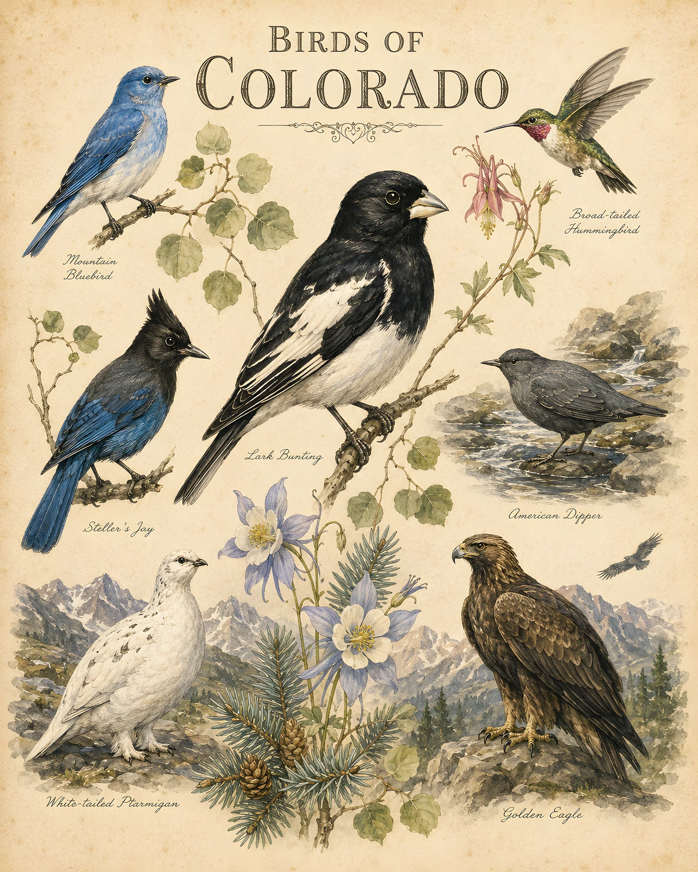 Audubon-style composite plate of the signature birds of Colorado