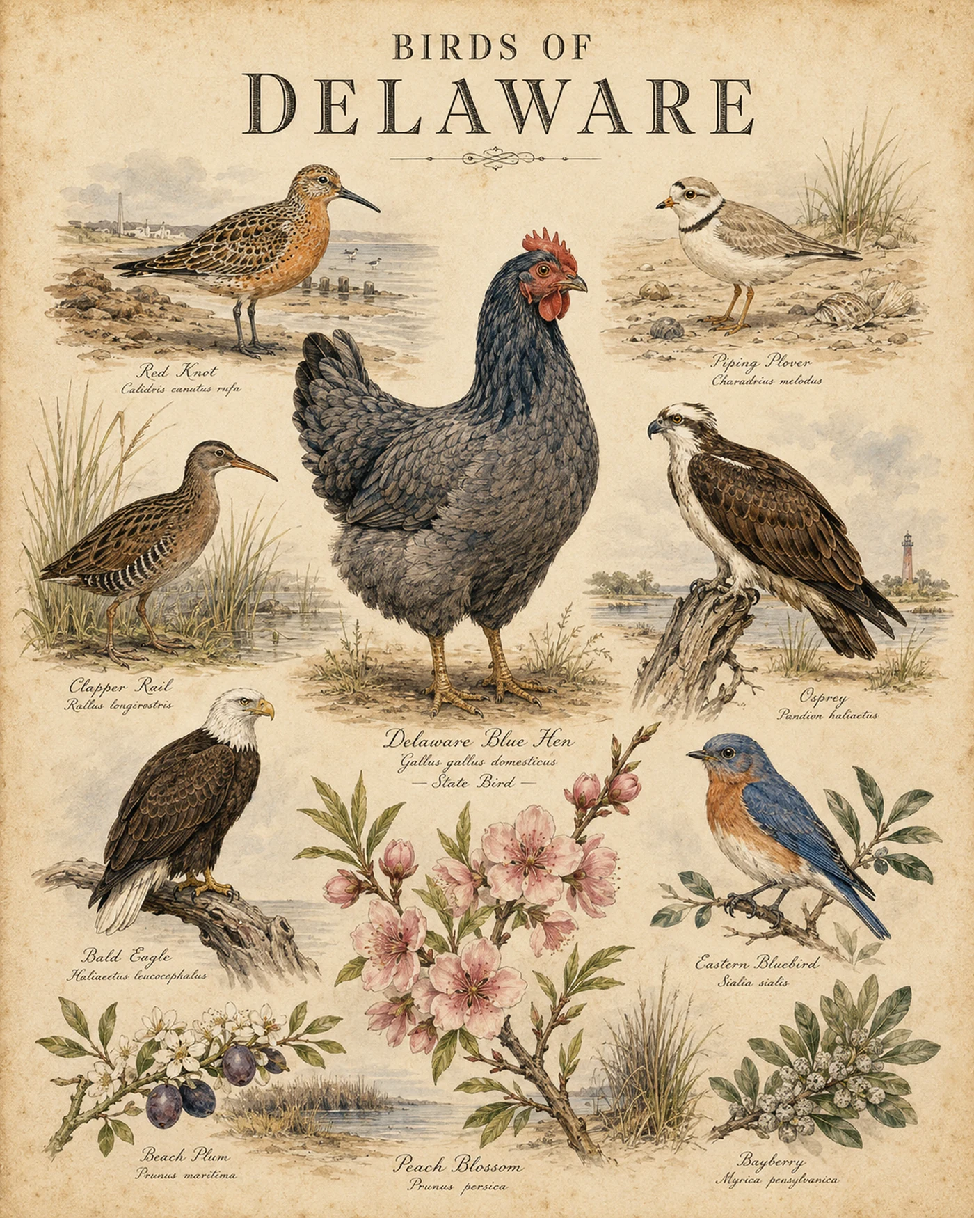 Audubon-style composite plate of the signature birds of Delaware
