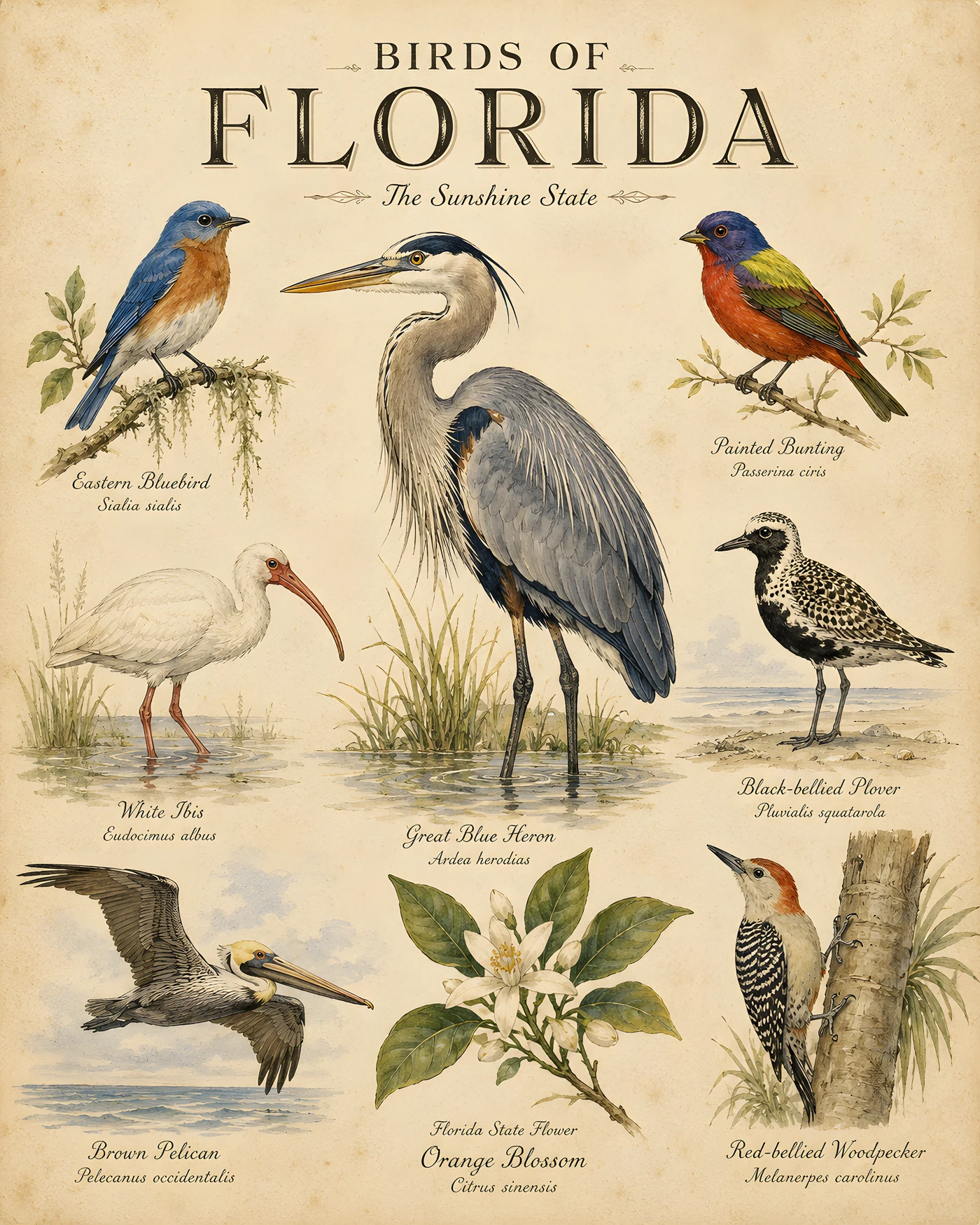Audubon-style composite plate of the signature birds of Florida