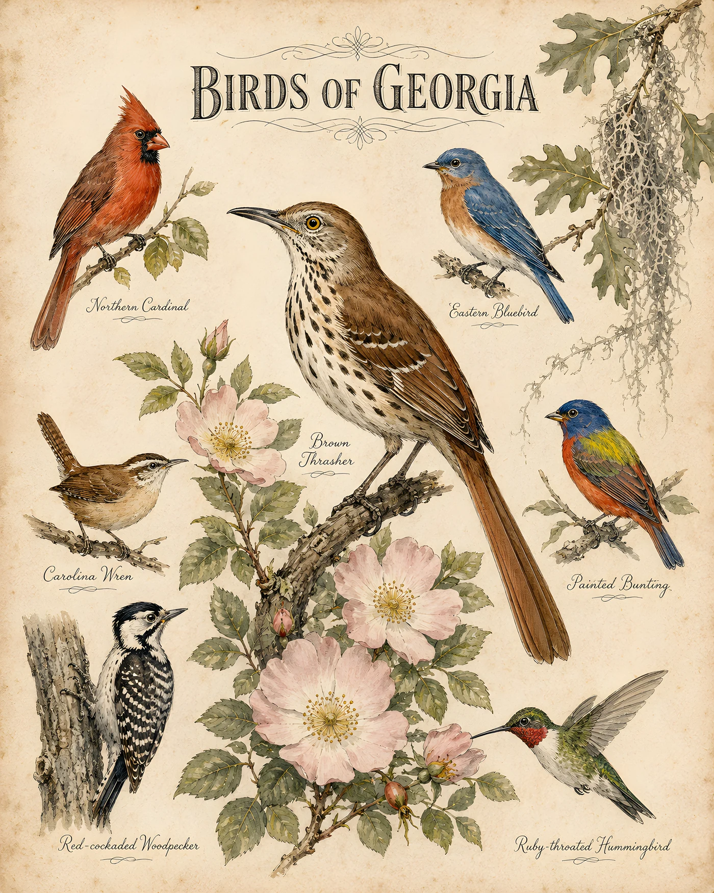 Audubon-style composite plate of the signature birds of Georgia