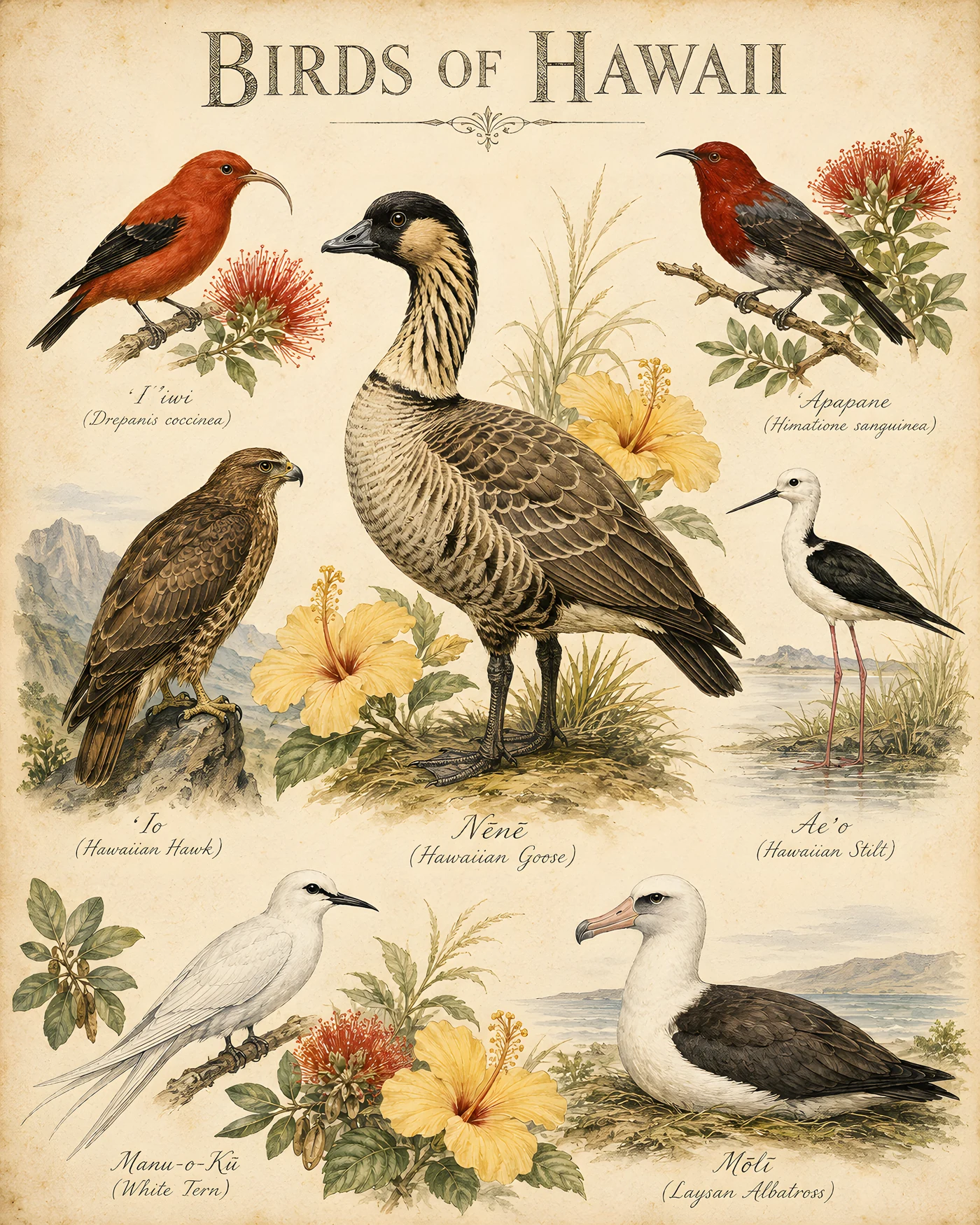 Audubon-style composite plate of the signature birds of Hawaii