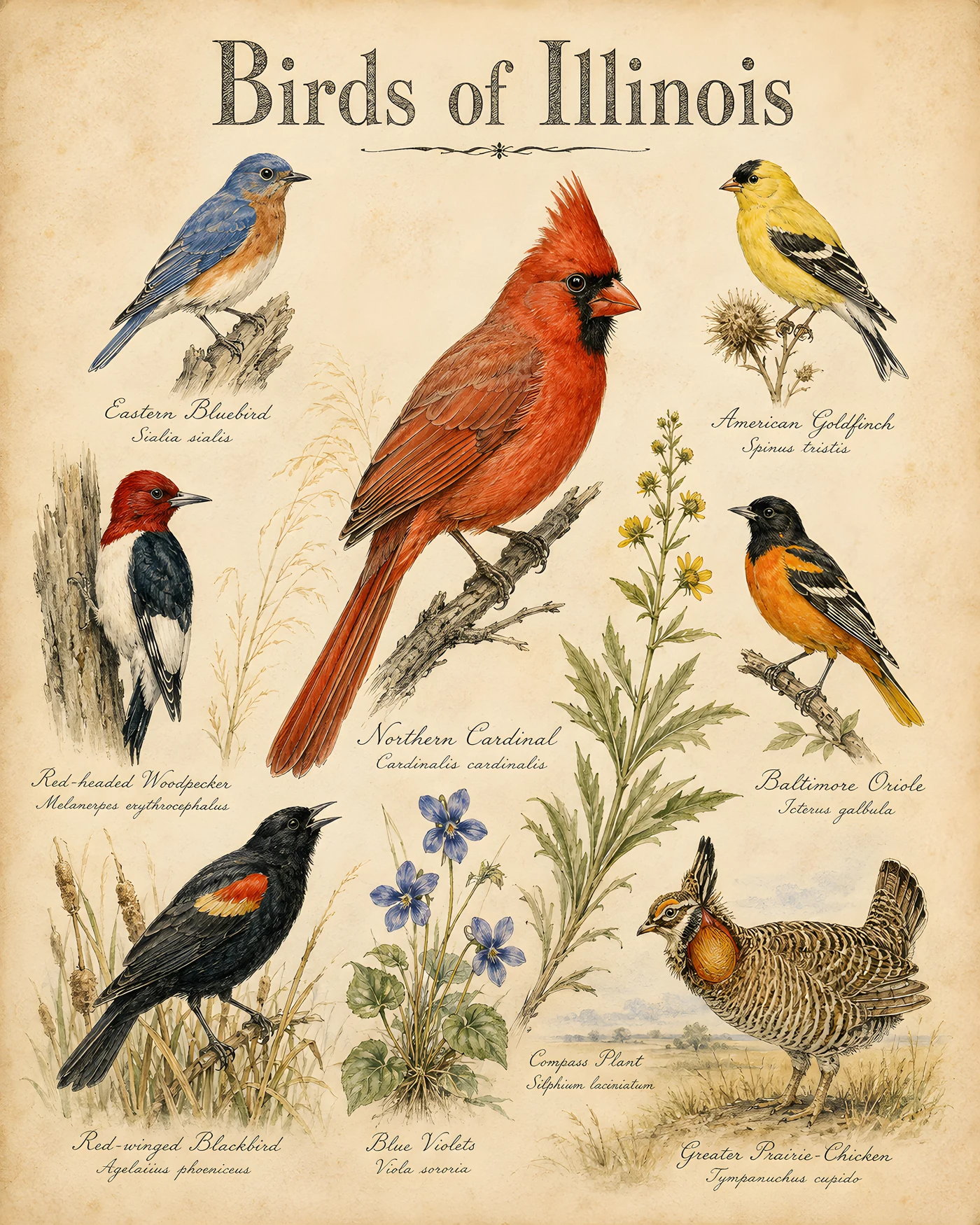 Audubon-style composite plate of the signature birds of Illinois