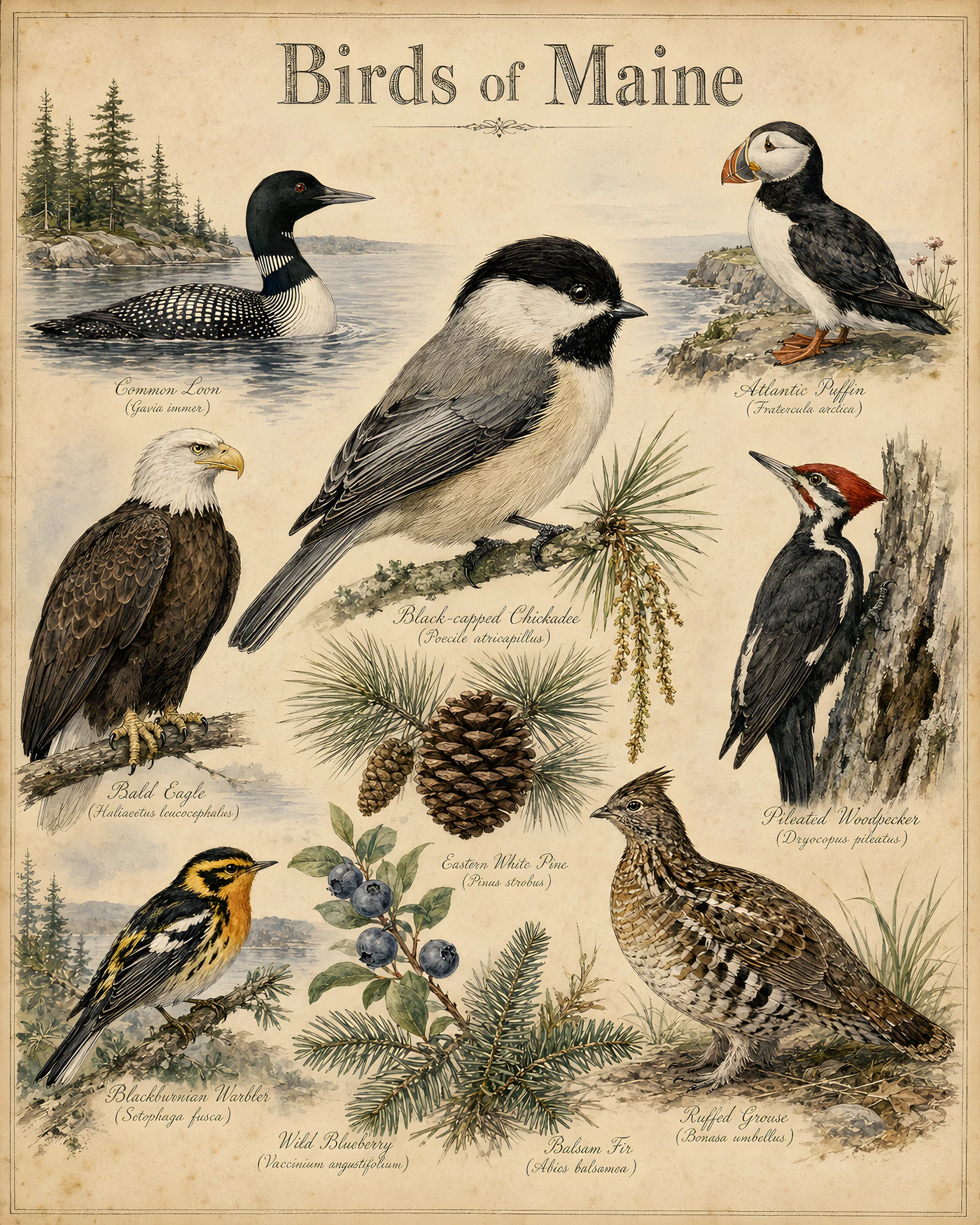 Audubon-style composite plate of the signature birds of Maine