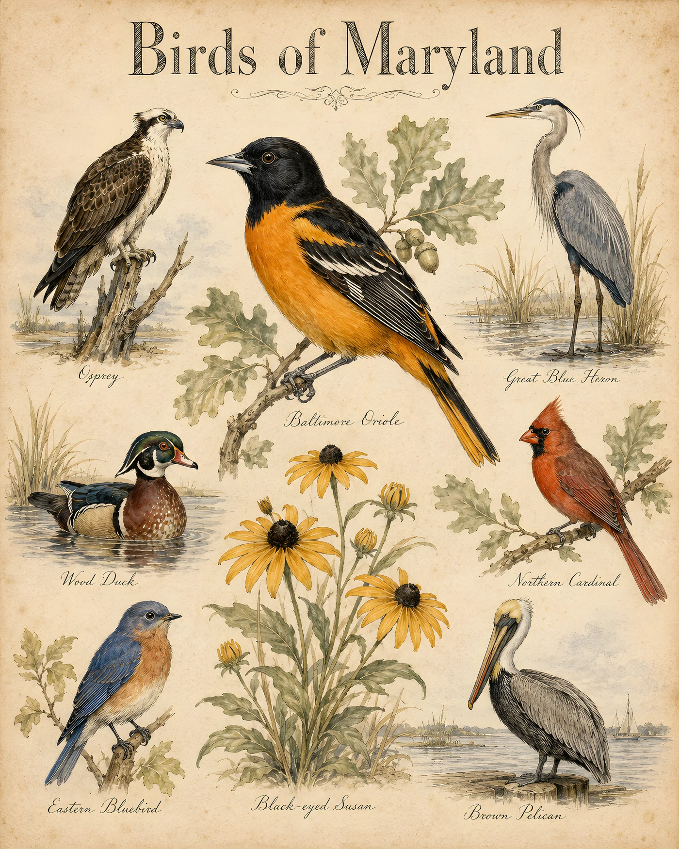 Audubon-style composite plate of the signature birds of Maryland