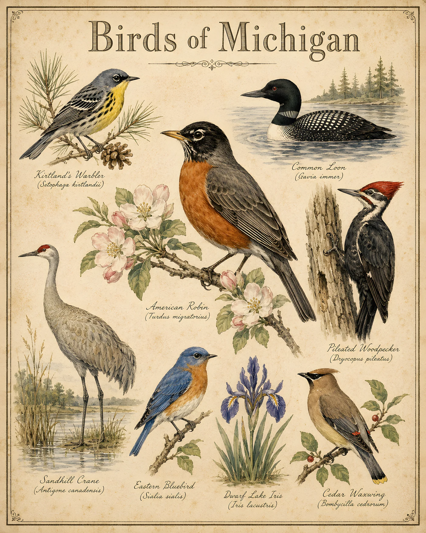 Audubon-style composite plate of the signature birds of Michigan