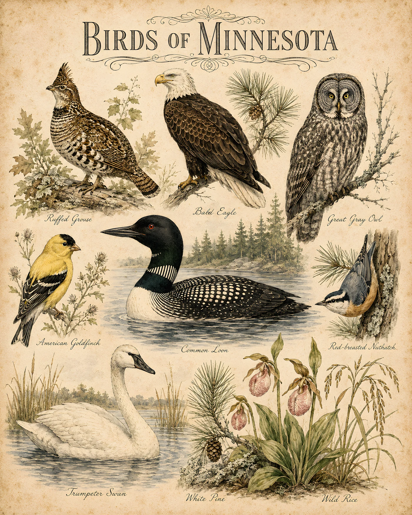 Audubon-style composite plate of the signature birds of Minnesota