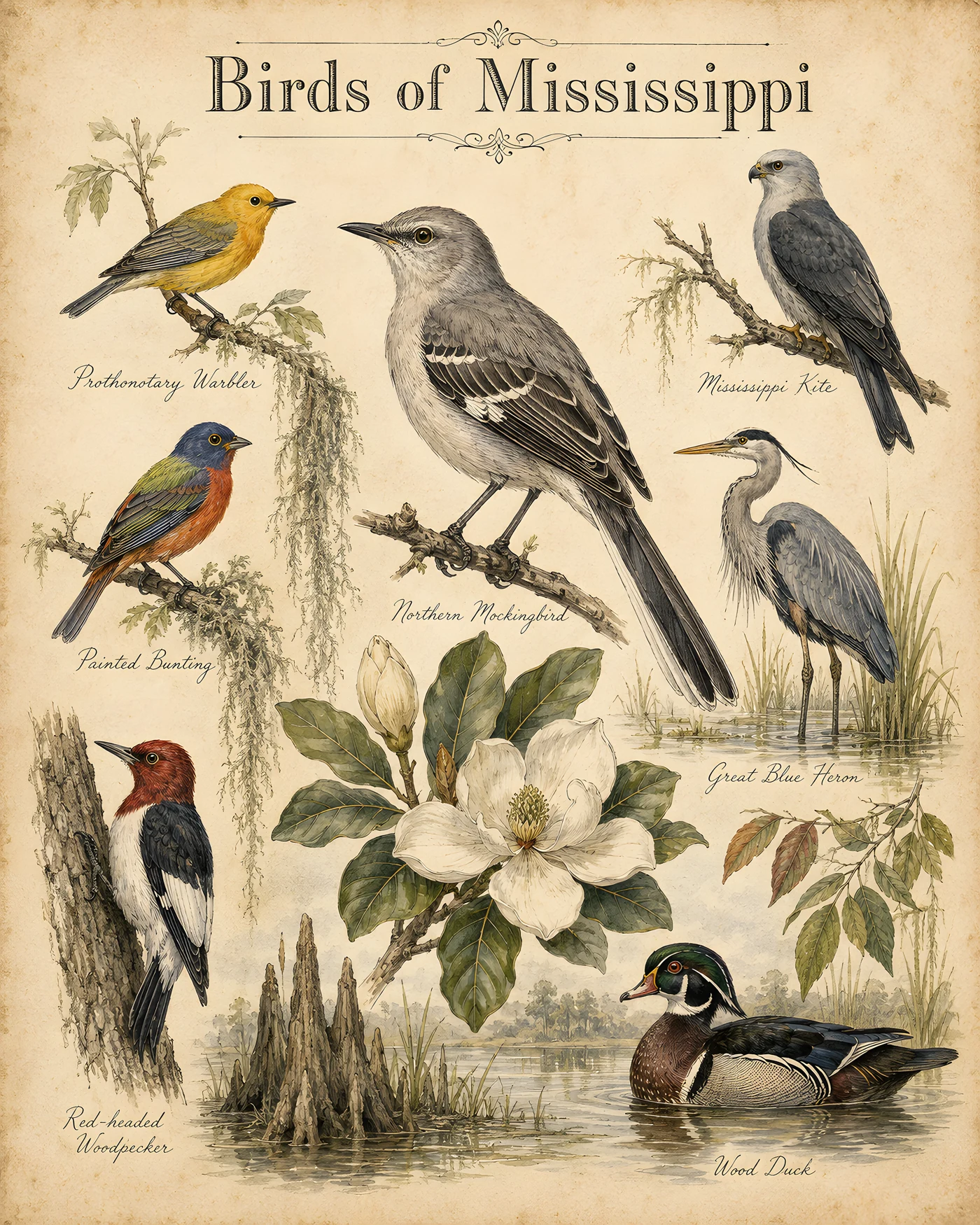 Audubon-style composite plate of the signature birds of Mississippi