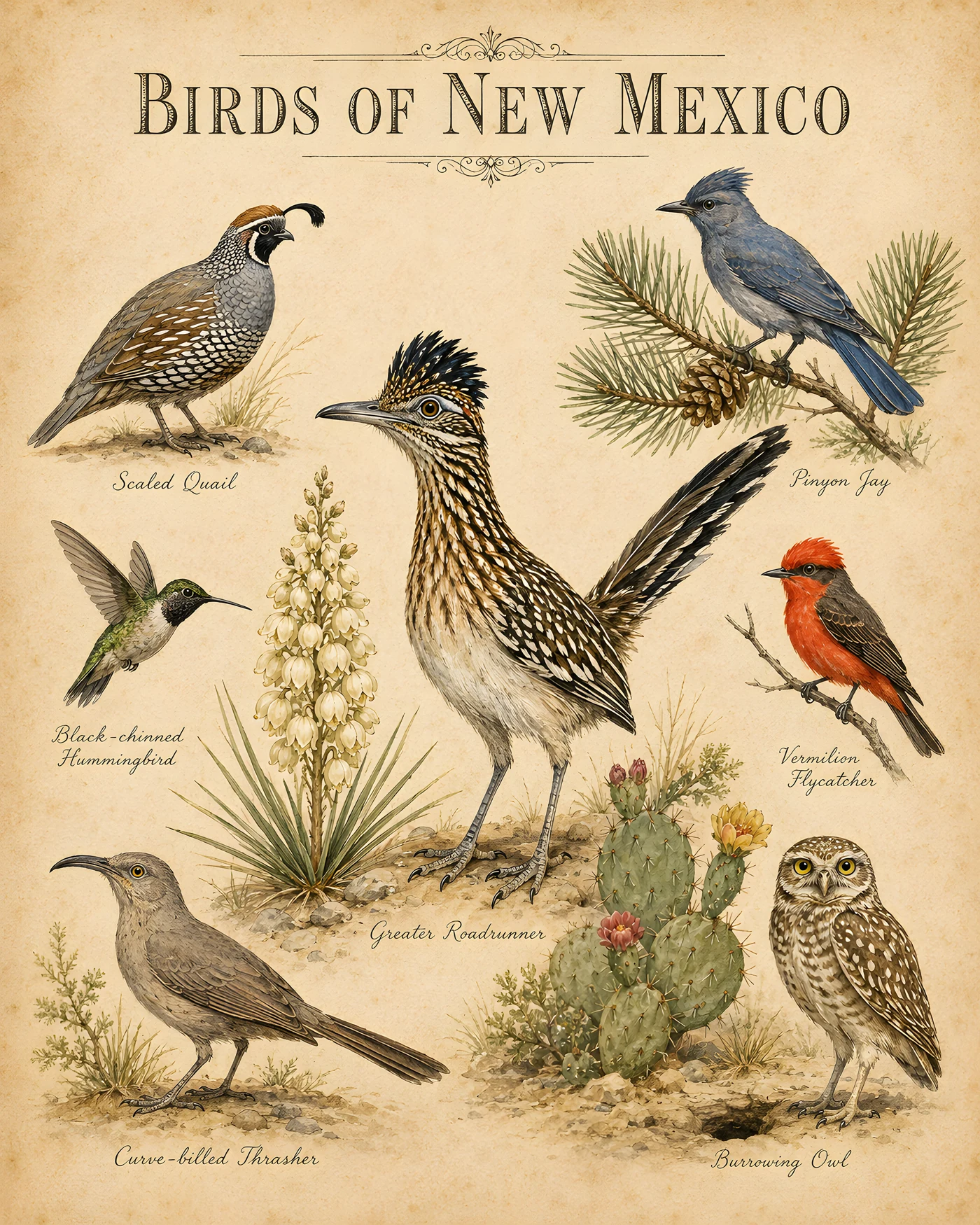 Audubon-style composite plate of the signature birds of New Mexico