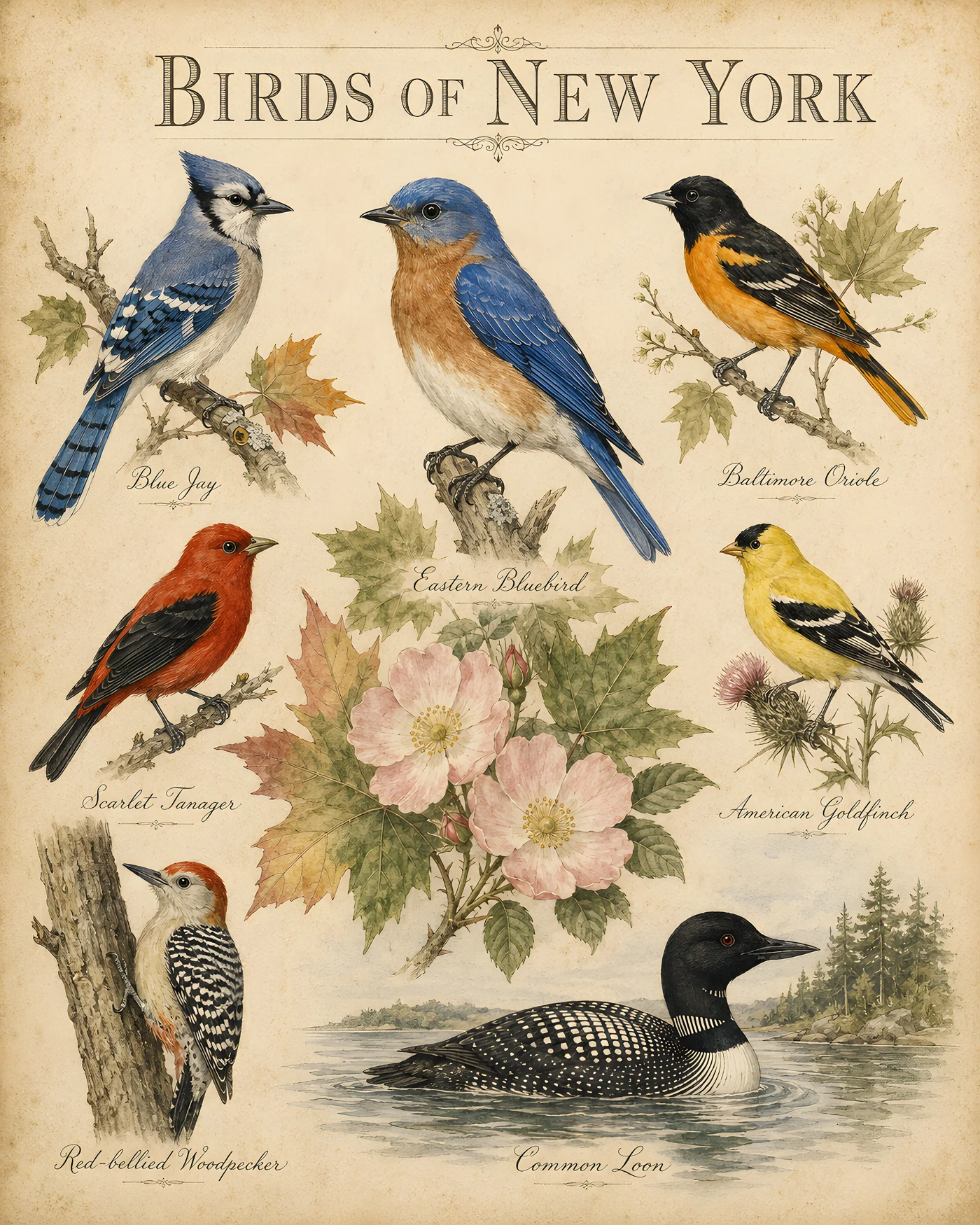 Audubon-style composite plate of the signature birds of New York