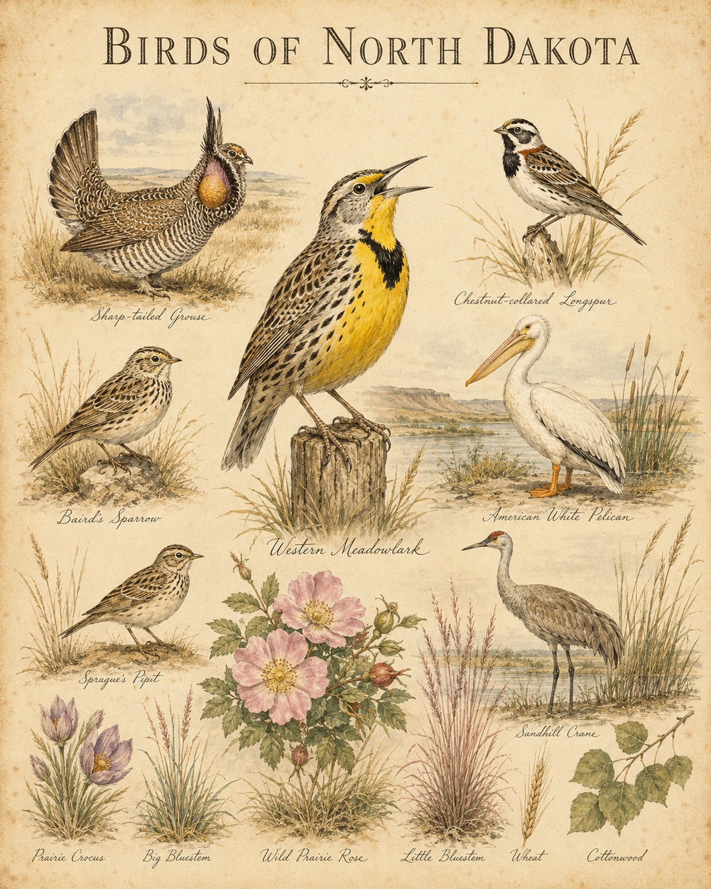 Audubon-style composite plate of the signature birds of North Dakota
