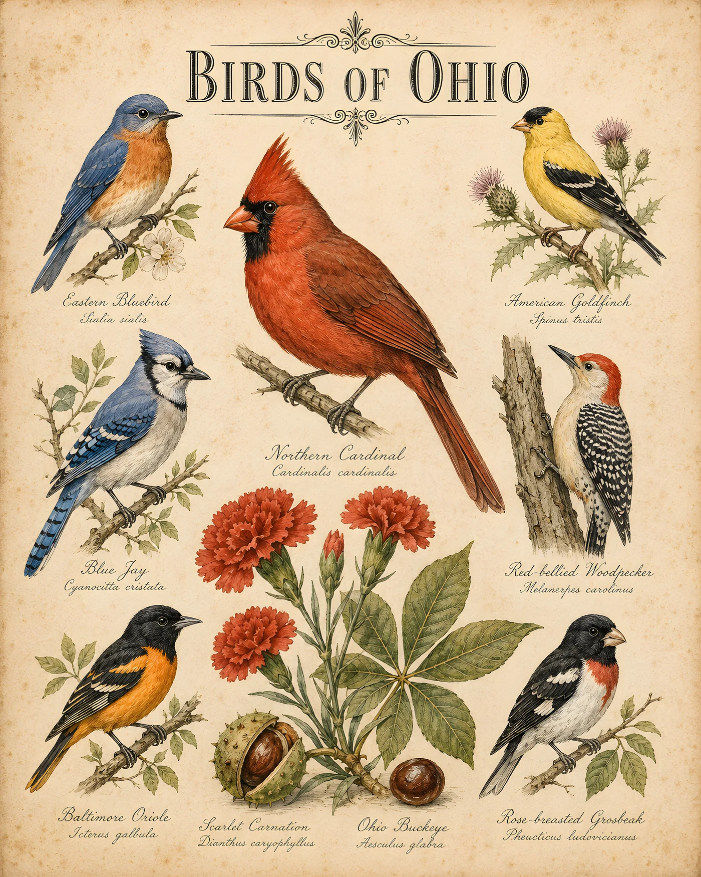 Audubon-style composite plate of the signature birds of Ohio