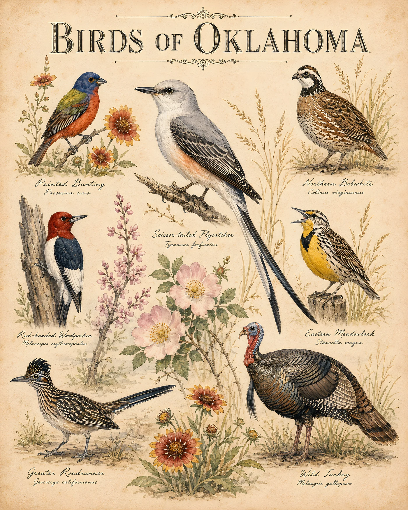 Audubon-style composite plate of the signature birds of Oklahoma