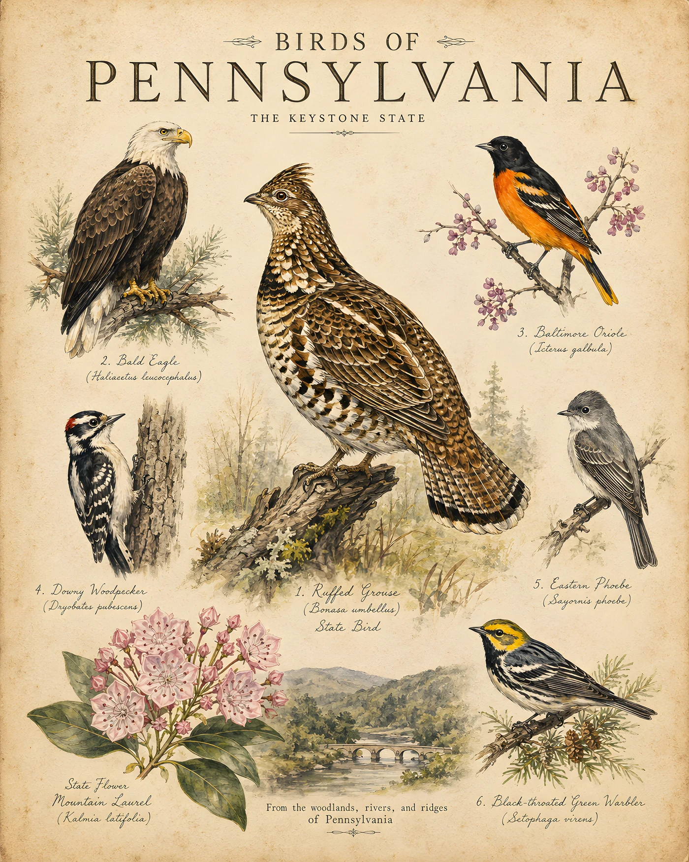 Audubon-style composite plate of the signature birds of Pennsylvania