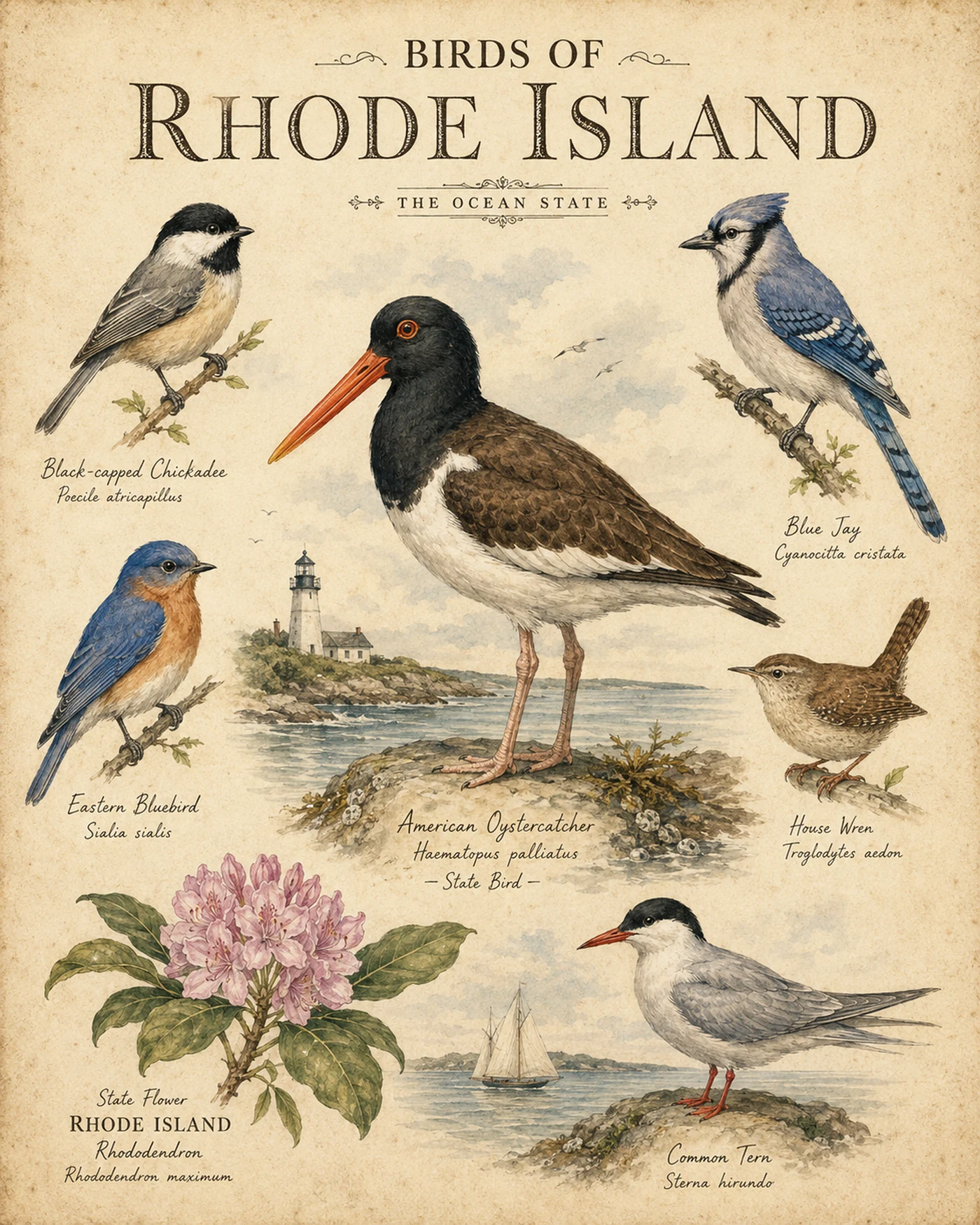 Audubon-style composite plate of the signature birds of Rhode Island
