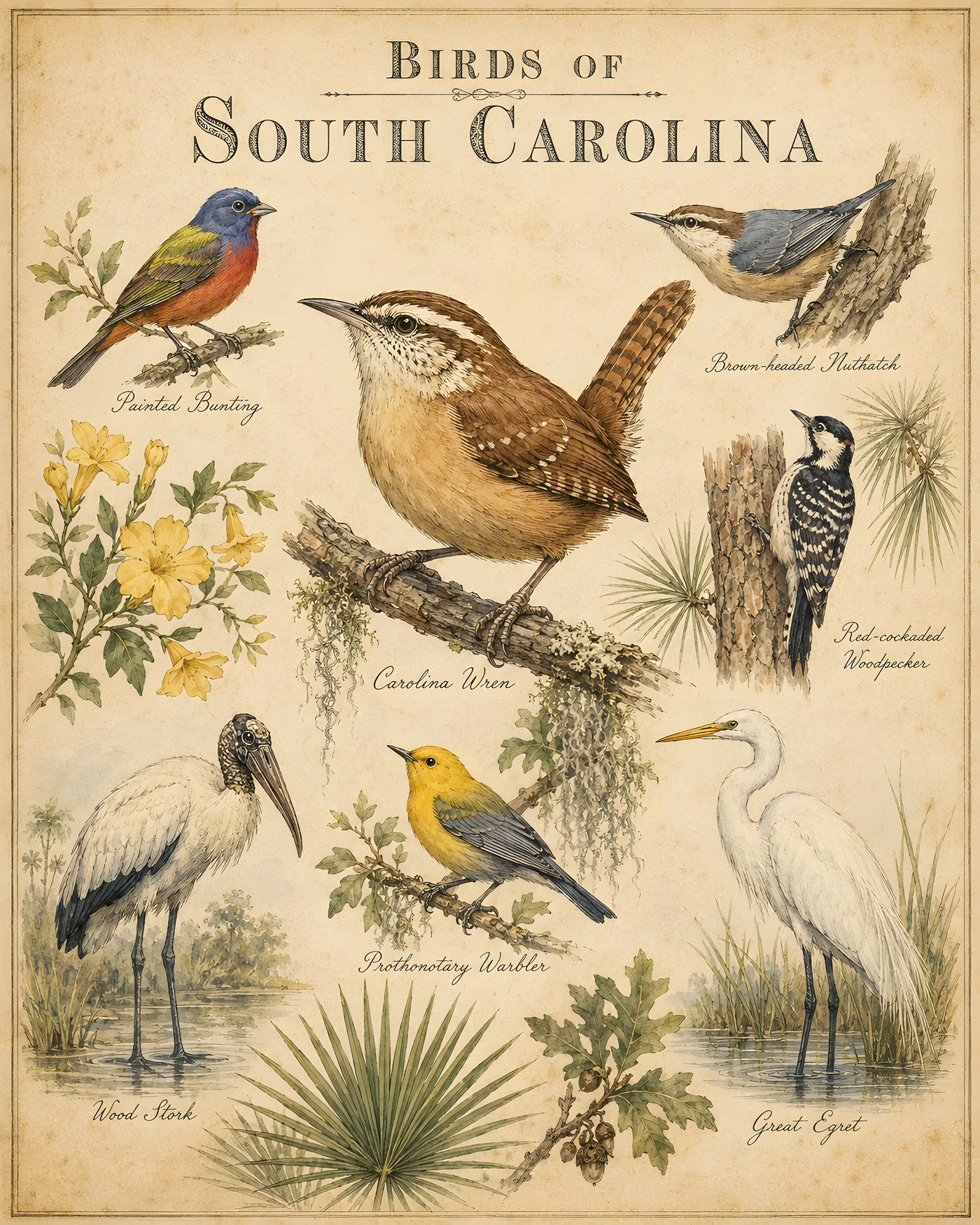 Audubon-style composite plate of the signature birds of South Carolina