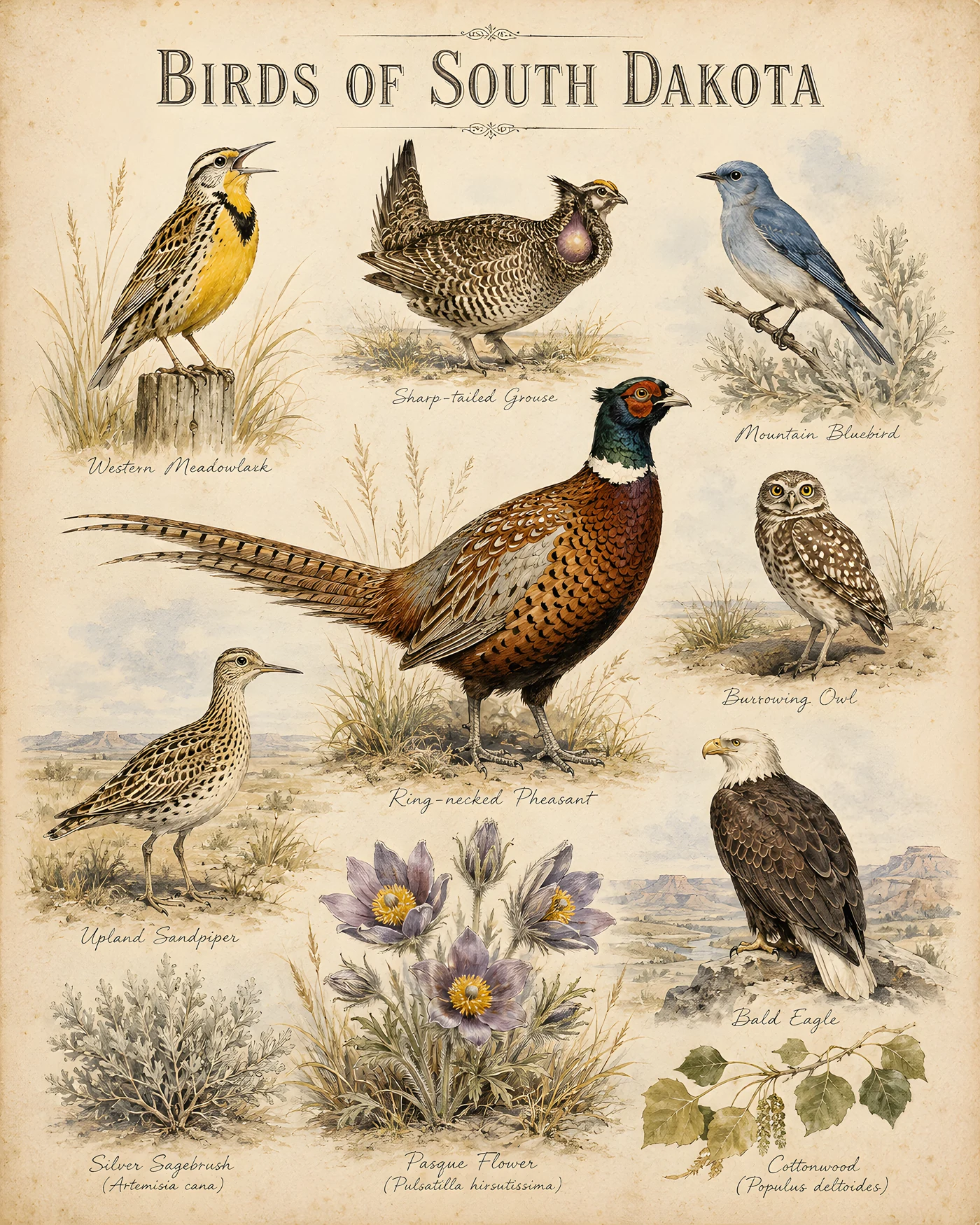 Audubon-style composite plate of the signature birds of South Dakota