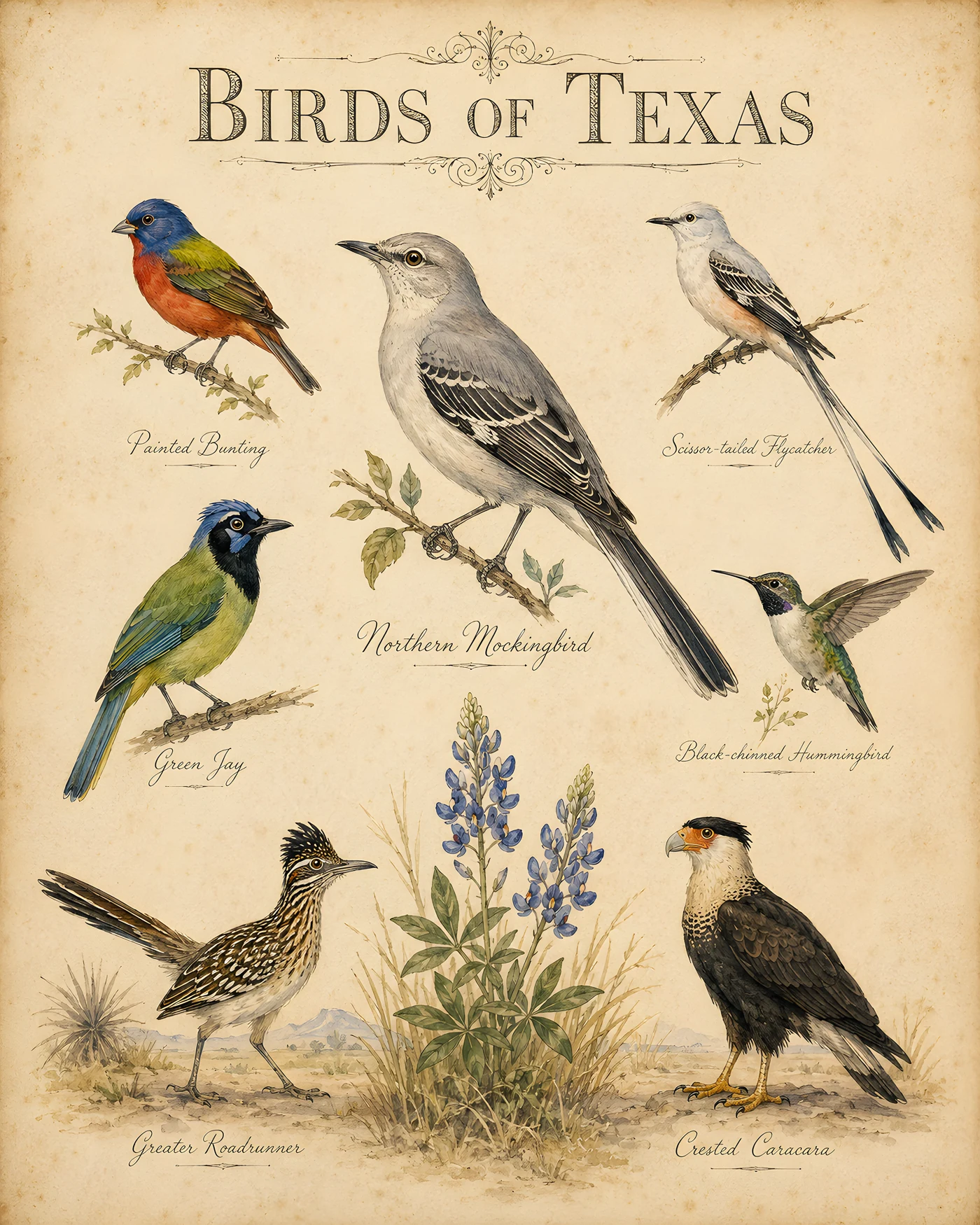 Audubon-style composite plate of the signature birds of Texas