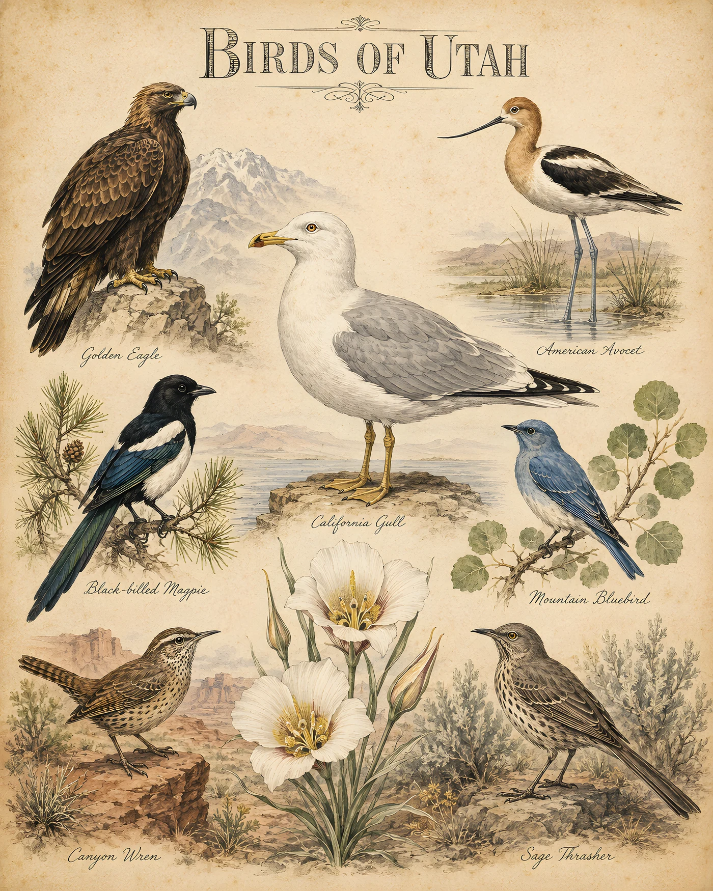 Audubon-style composite plate of the signature birds of Utah