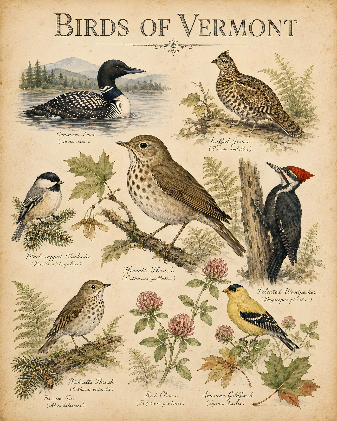 Audubon-style composite plate of the signature birds of Vermont
