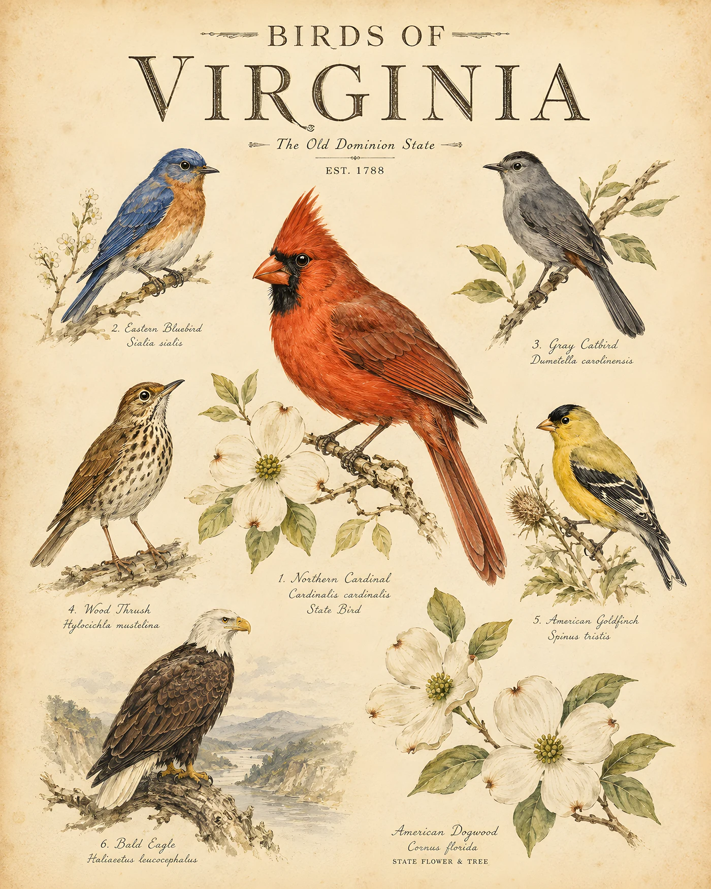 Audubon-style composite plate of the signature birds of Virginia