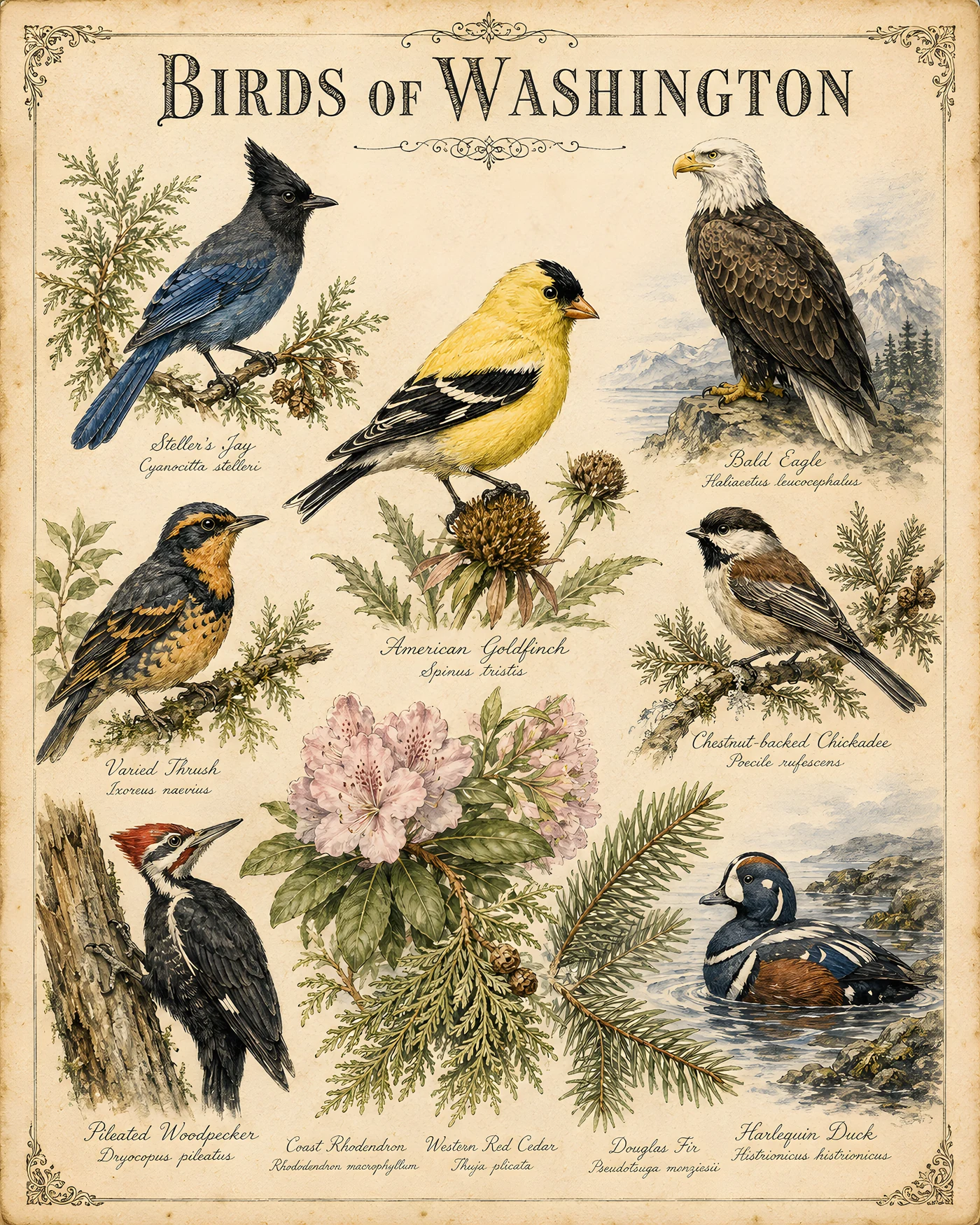 Audubon-style composite plate of the signature birds of Washington